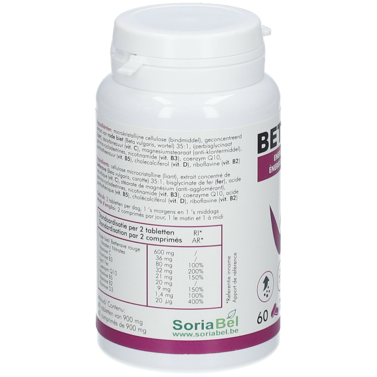 Achterkant van de witte fles. Bevat informatie over ingrediënten en voedingswaarden. Merk SoriaBel. 60 tabletten.