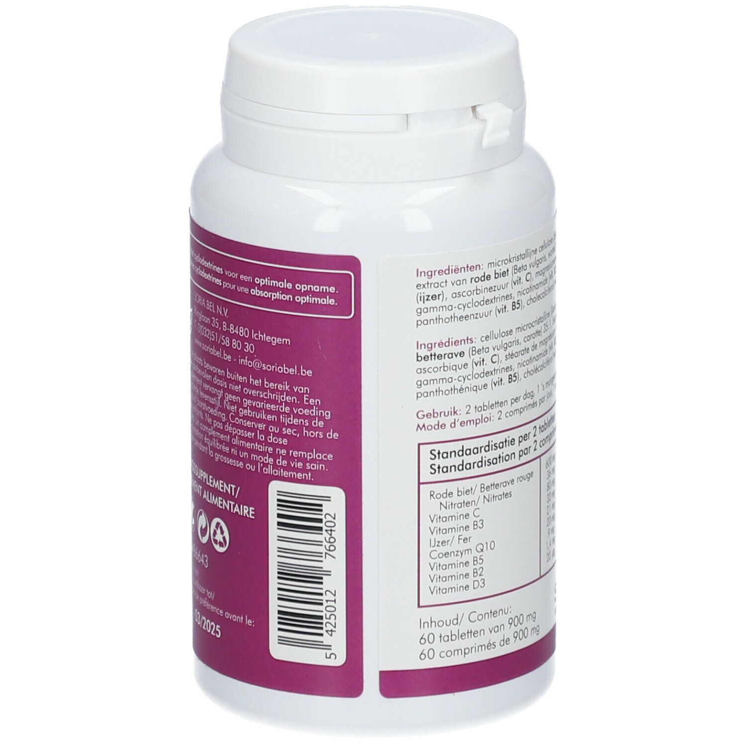 Achterkant van de witte fles. Bevat informatie over ingrediënten en voedingswaarden. Merk SoriaBel. 60 tabletten.