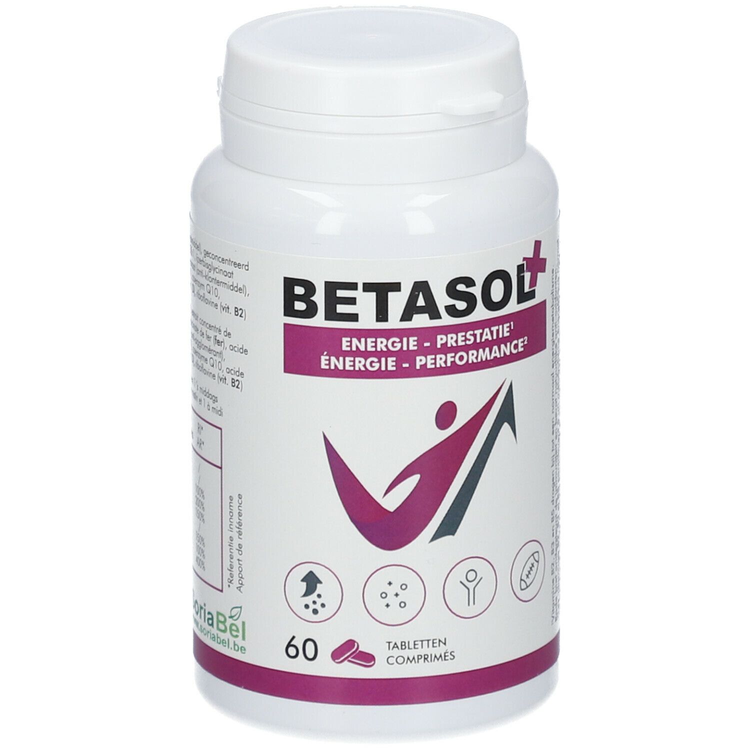 Witte fles met BETASOL+ opschrift. Bevat 60 tabletten. Logo met persoon en pijl. Tekst: Energie, Prestatie, Performance.
