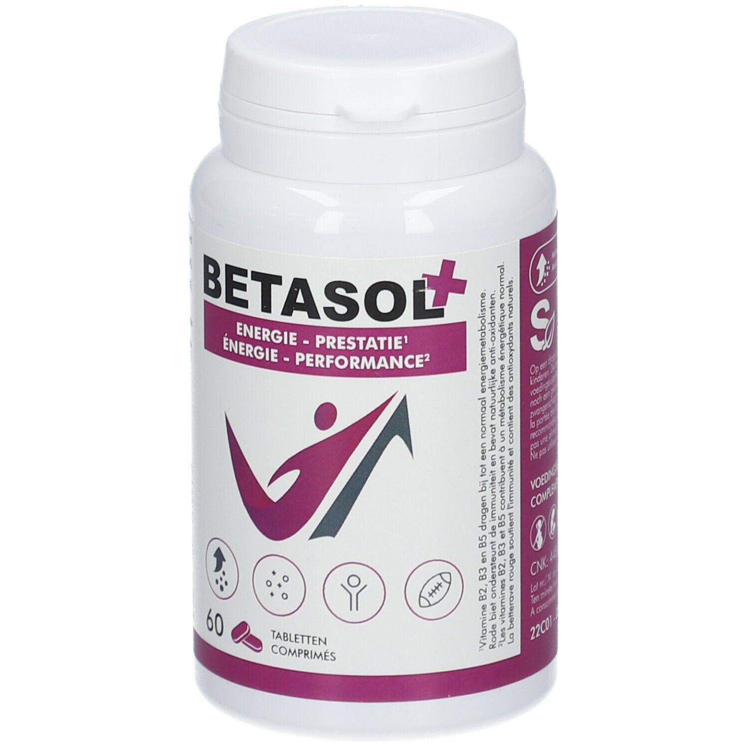 Witte fles met BETASOL+ opschrift. Bevat 60 tabletten. Logo met persoon en pijl. Tekst: Energie, Prestatie, Performance.