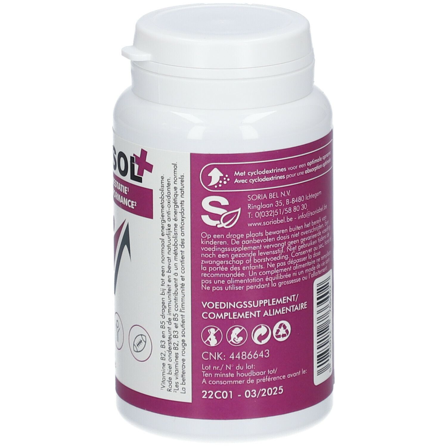 Achterkant van de witte fles. Bevat informatie over ingrediënten en voedingswaarden. Merk SoriaBel. 60 tabletten.