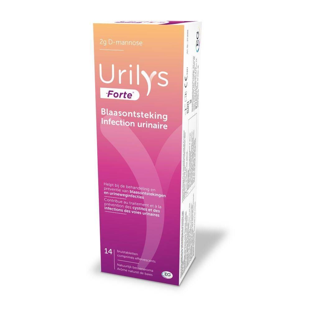 Verpakking en tube Urilys-Forte. Opschrift: Blaasontsteking, 14 bruistabletten.
