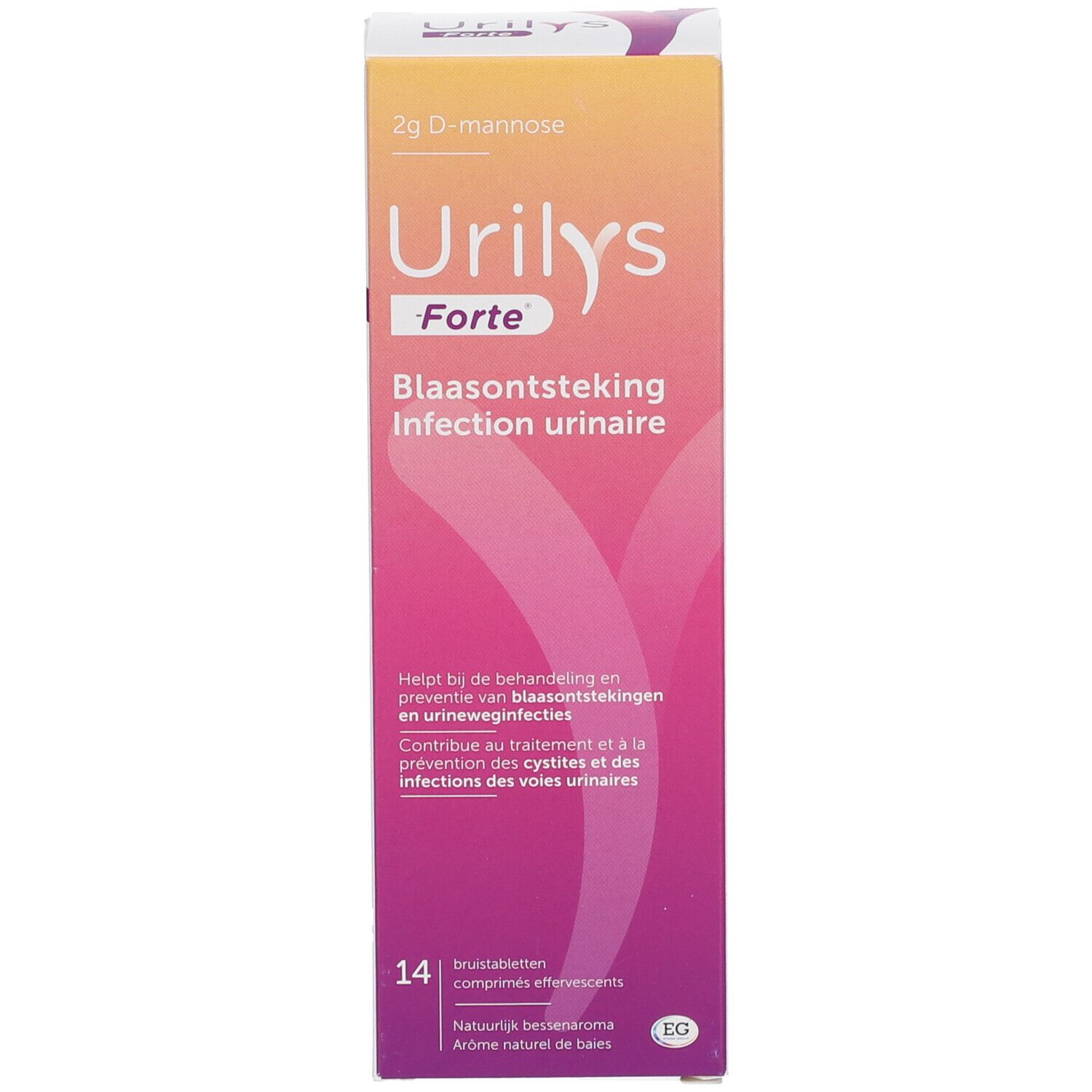 Verpakking Urilys-Forte. Opschrift: Blaasontsteking, 14 bruistabletten.
