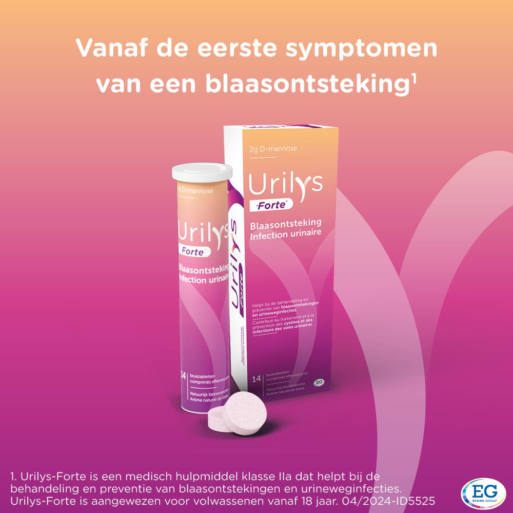 Verpakking en tube Urilys-Forte. Opschrift: Blaasontsteking, 14 bruistabletten.