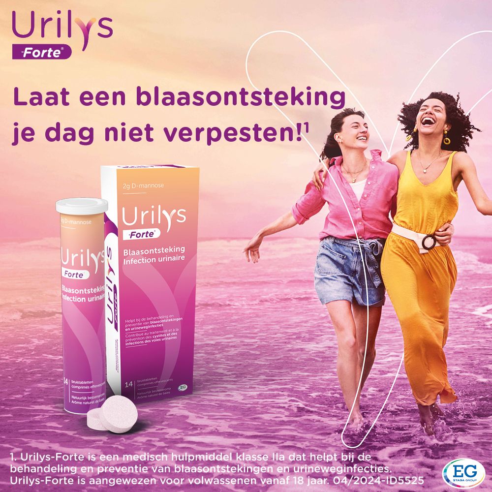 Verpakking en tube Urilys-Forte. Opschrift: Blaasontsteking, 14 bruistabletten.