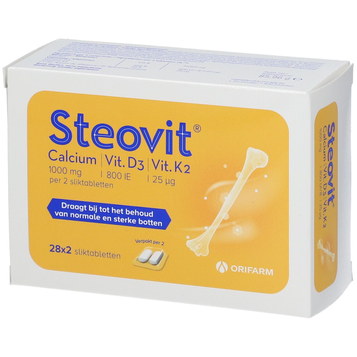 Steovit Calcium Vit. D3 Vit. K2 doos. Bevat 28x2 tabletten. Bot illustratie. Oranje achtergrond.