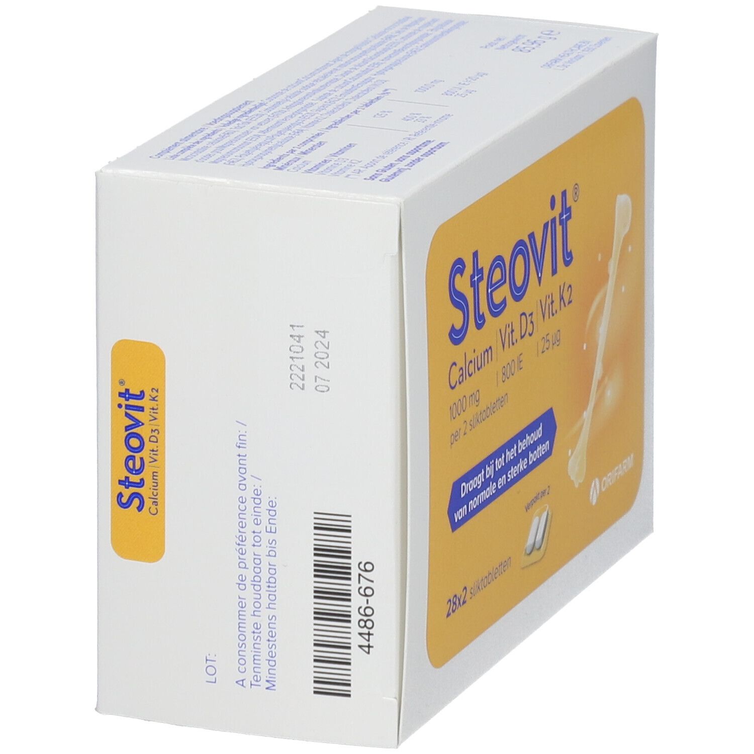 Steovit Calcium Vit. D3 Vit. K2 doos. Zijaanzicht met tekst en vervaldatum. Wit en oranje.