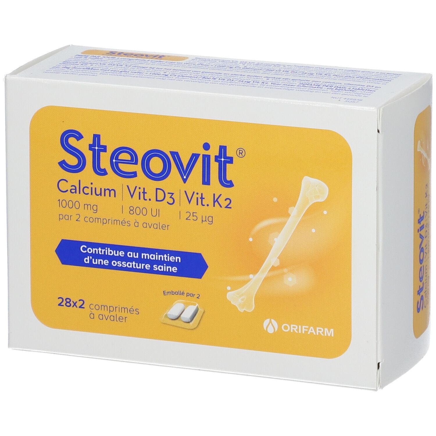 Steovit Calcium Vit. D3 Vit. K2 doos. Bevat 28x2 tabletten. Bot illustratie. Oranje achtergrond.