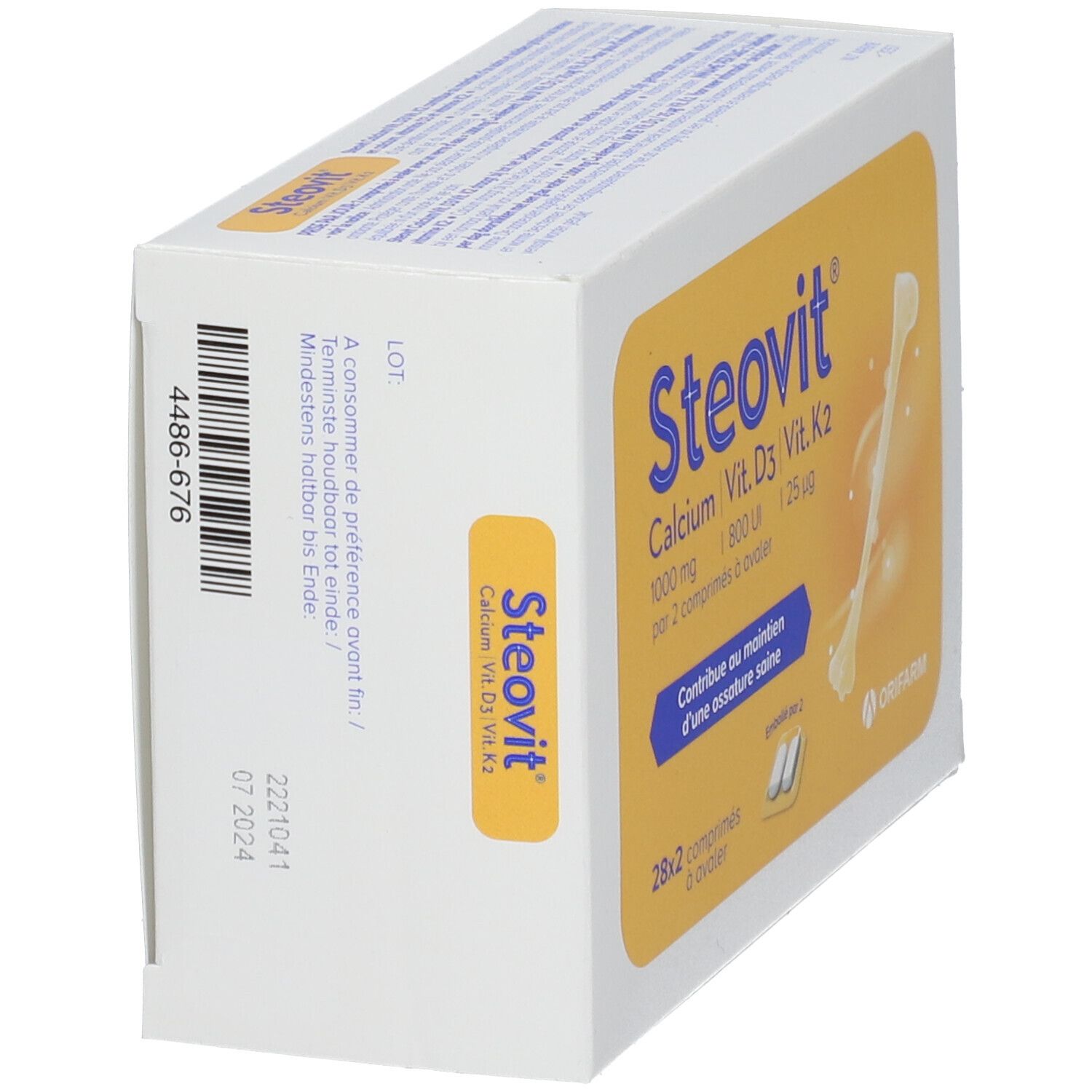 Steovit Calcium Vit. D3 Vit. K2 doos. Zijaanzicht met tekst en vervaldatum. Wit en oranje.