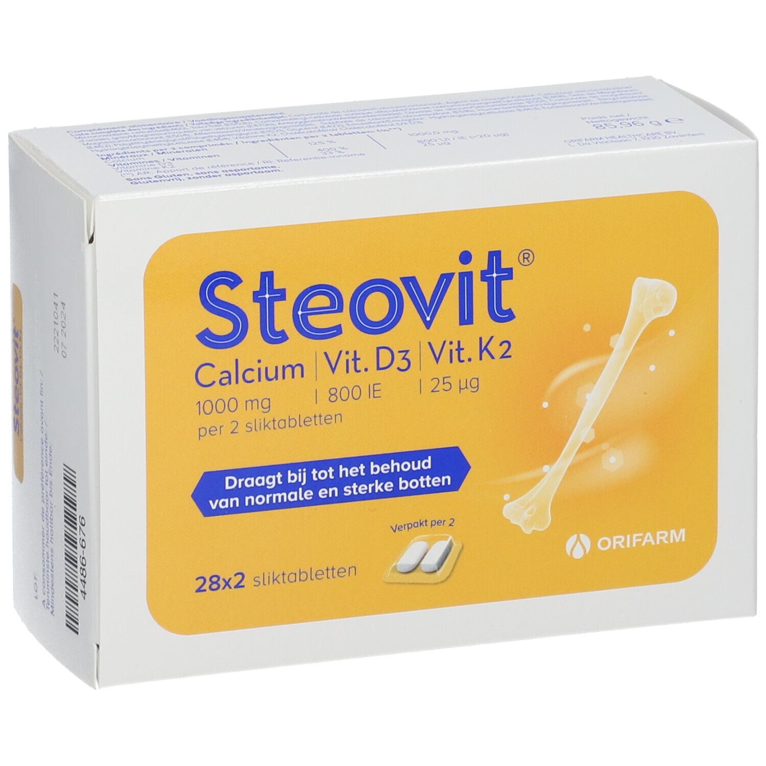 Steovit Calcium Vit. D3 Vit. K2 doos. Bevat 28x2 tabletten. Bot illustratie. Oranje achtergrond.