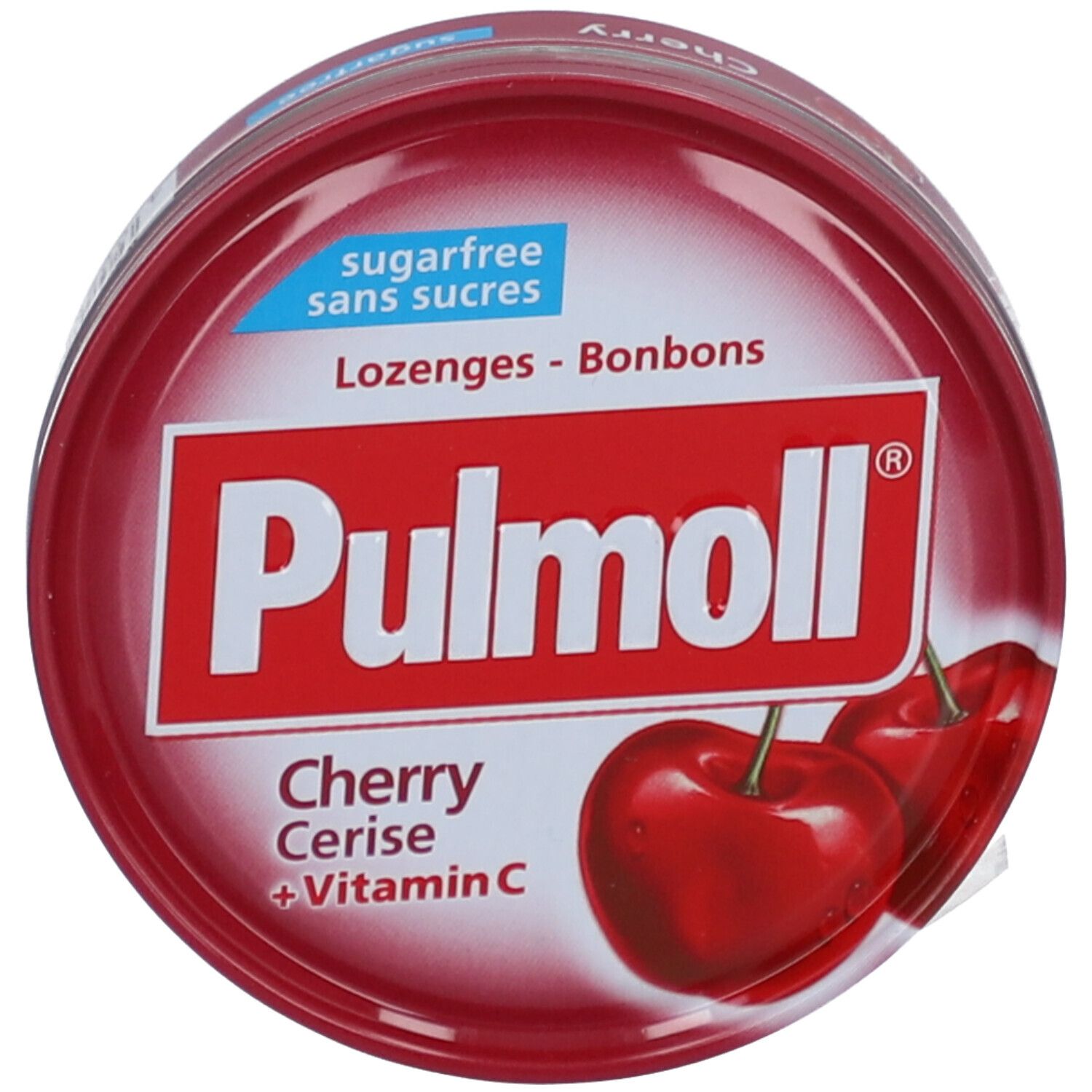 Runde Dose mit "Pulmoll"-Logo, Kirschen-Abbildung und Schriftzug "Cherry + Vitamin C". Deckel mit "sugarfree".