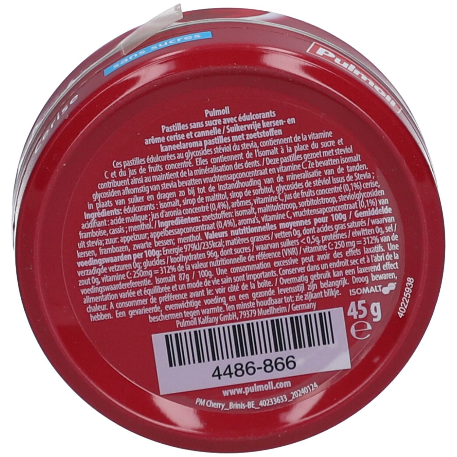 Rote Dose mit Text. "Pulmoll" und Inhaltsangaben. 45g. Barcode und Website-Adresse.