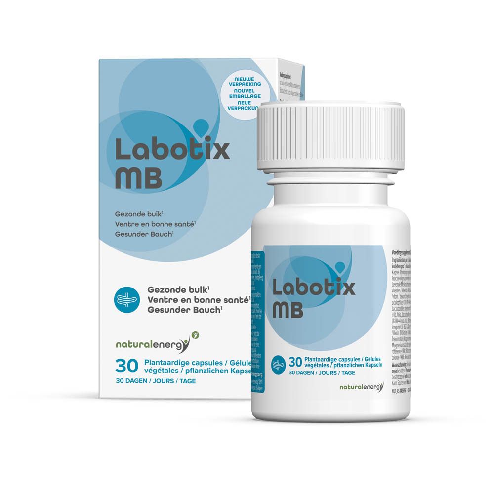 Flacon et boîte Labotix MB. Emballage bleu et blanc. 30 gélules. Texte : Ventre en bonne santé.
