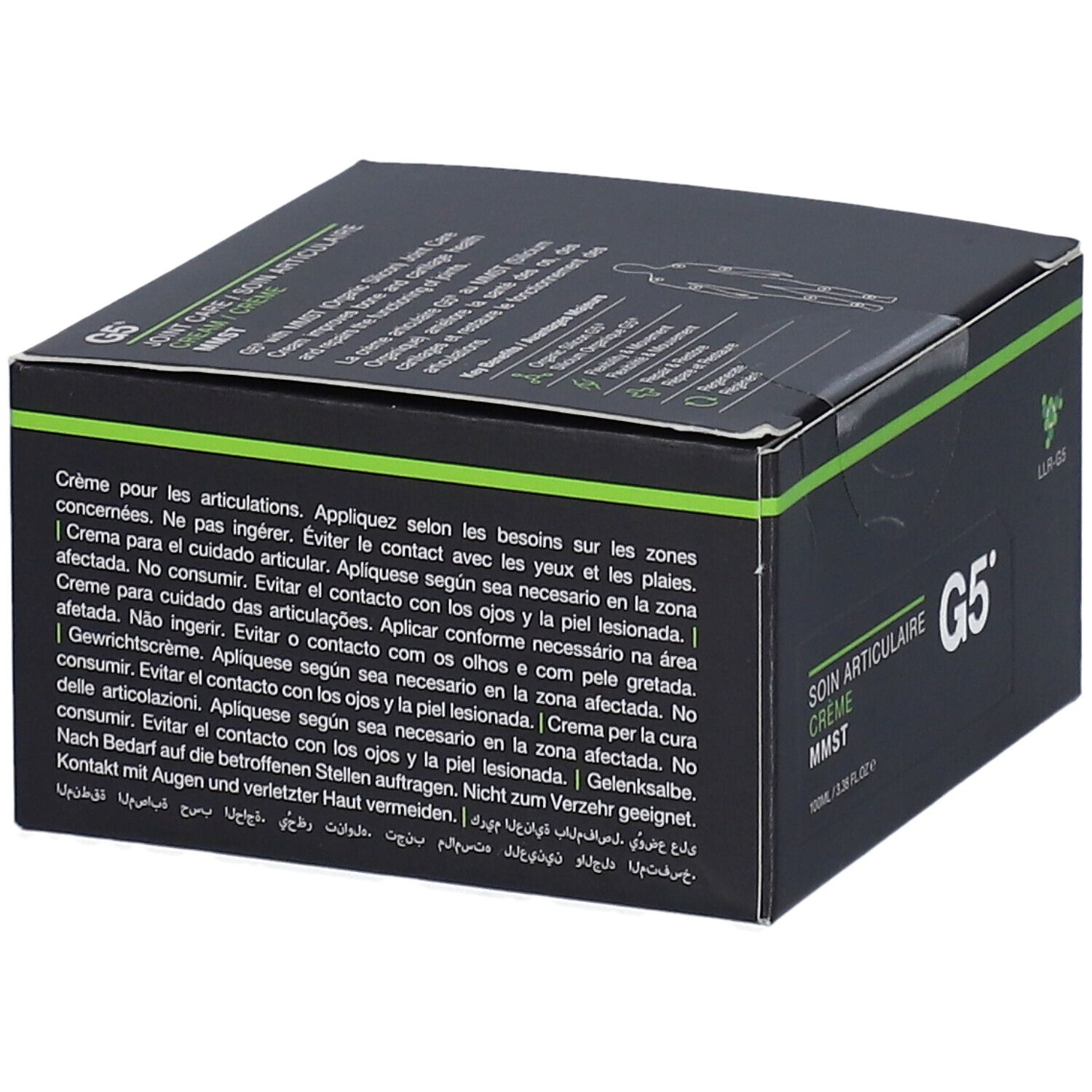 Schwarzer Karton mit grünen Akzenten. Text in mehreren Sprachen. Aufschrift: G5, SOIN ARTICULAIRE CRÈME MMST. LLR-G5 Logo.