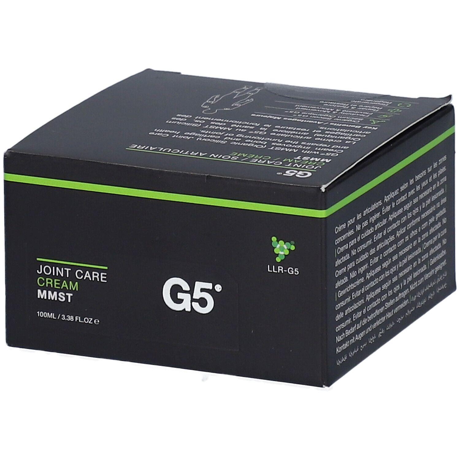 Schwarzer Karton mit grünen Akzenten. Aufschrift: JOINT CARE CREAM MMST. G5. 100ml/3.38 FL.OZ. LLR-G5 Logo.