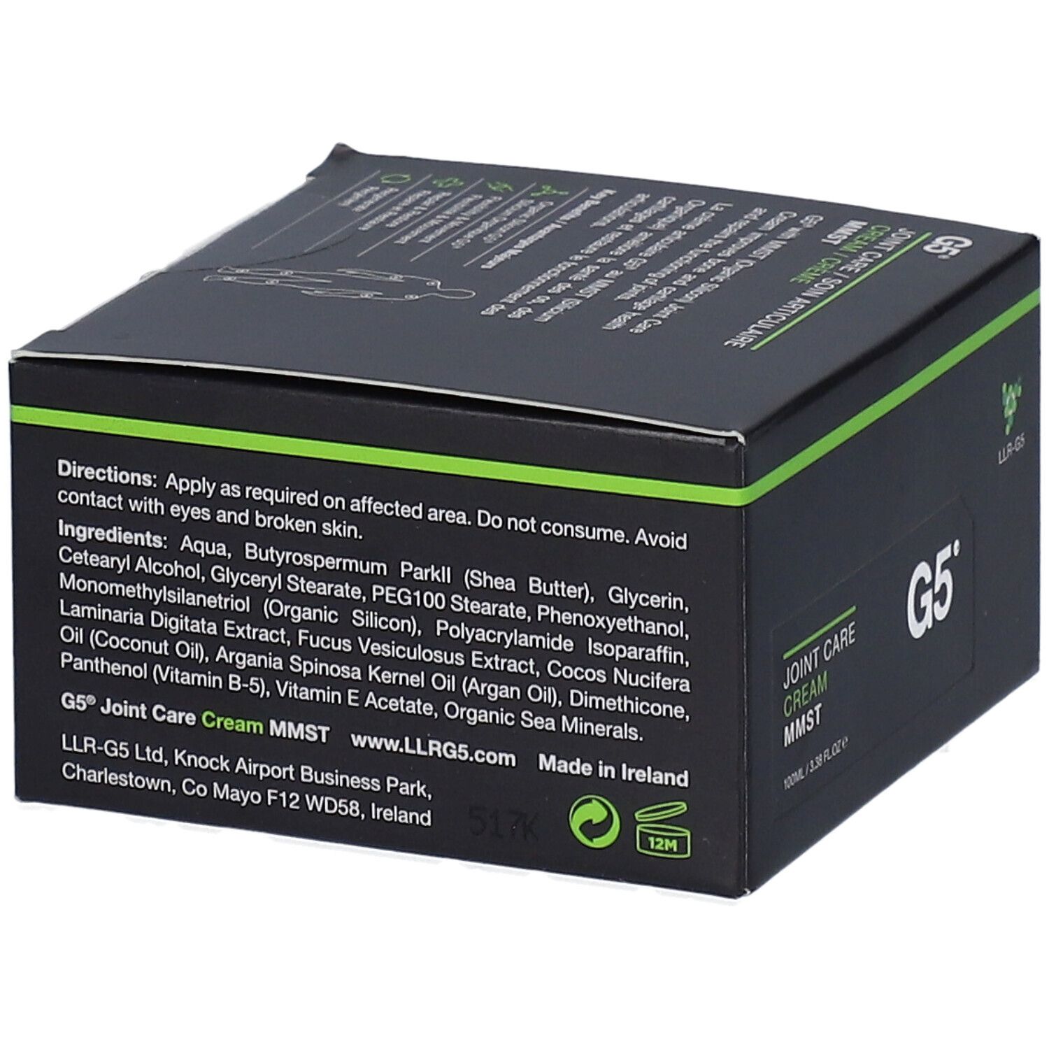 Schwarzer Karton mit grünen Akzenten. Aufschrift: JOINT CARE CREAM MMST. G5. Inhaltsstoffe und Adresse. LLR-G5 Logo.