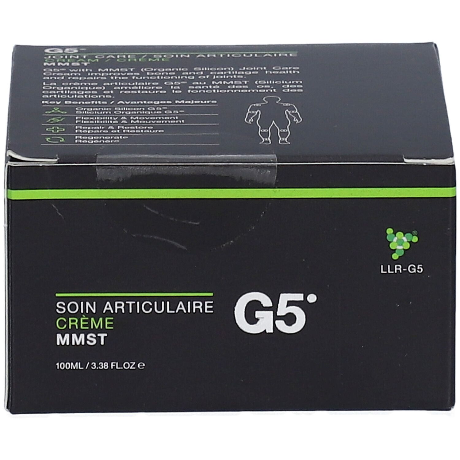 Schwarzer Karton mit grünen Akzenten. Aufschrift: SOIN ARTICULAIRE CRÈME MMST. G5. LLR-G5 Logo. Vorteile und Vorteile.