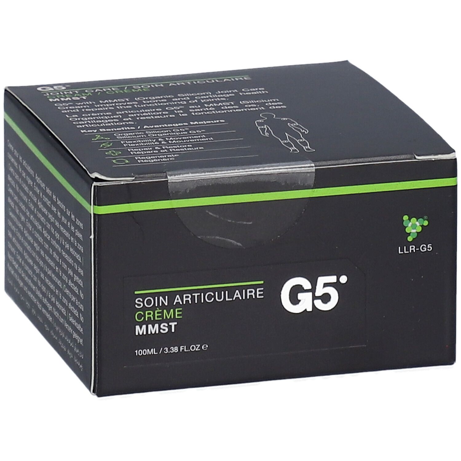 Schwarzer Karton mit grünen Akzenten. Aufschrift: SOIN ARTICULAIRE CRÈME MMST. G5. LLR-G5 Logo. Produktbeschreibung.