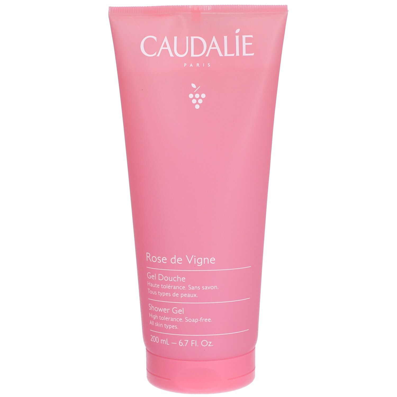 Roze tube met witte tekst. Caudalie Rose de Vigne Douchegel. 200 ml.