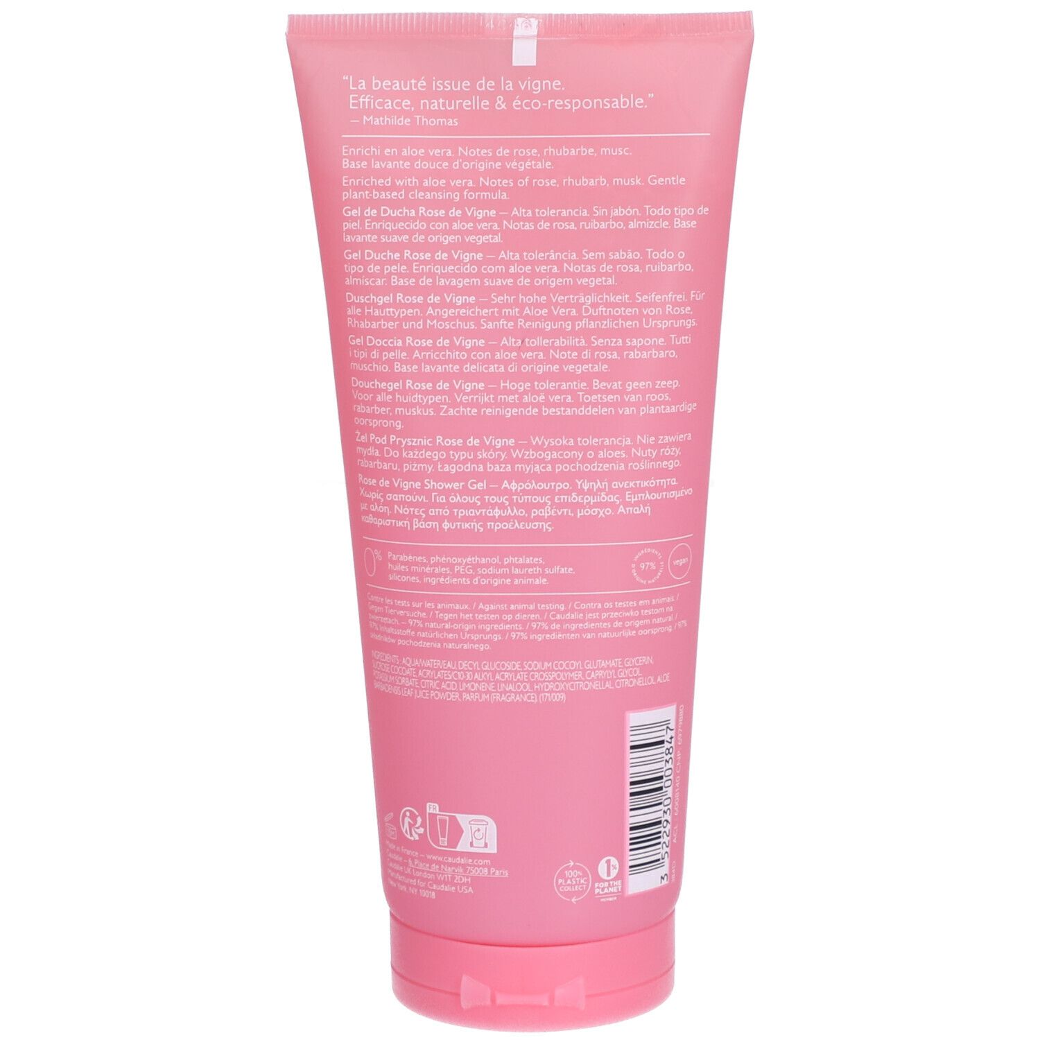 Achterkant van een roze tube. Meertalige tekst. Caudalie Rose de Vigne Douchegel.