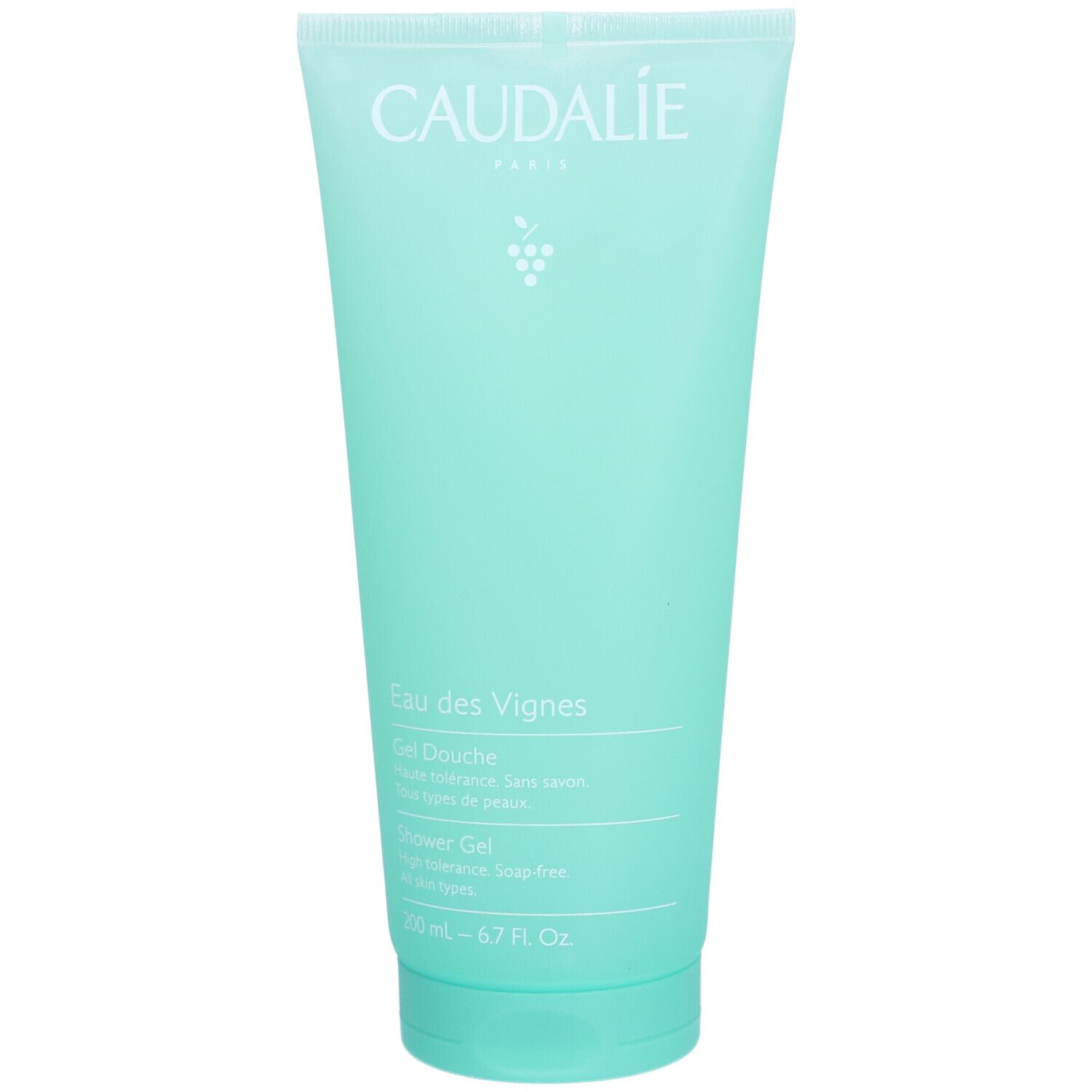 Caudalie Gel Douche Eau des Vignes. Türkisgrüne Tube mit weißer Schrift. Logo mit Traube. "Shower Gel" und "Sans Savon".