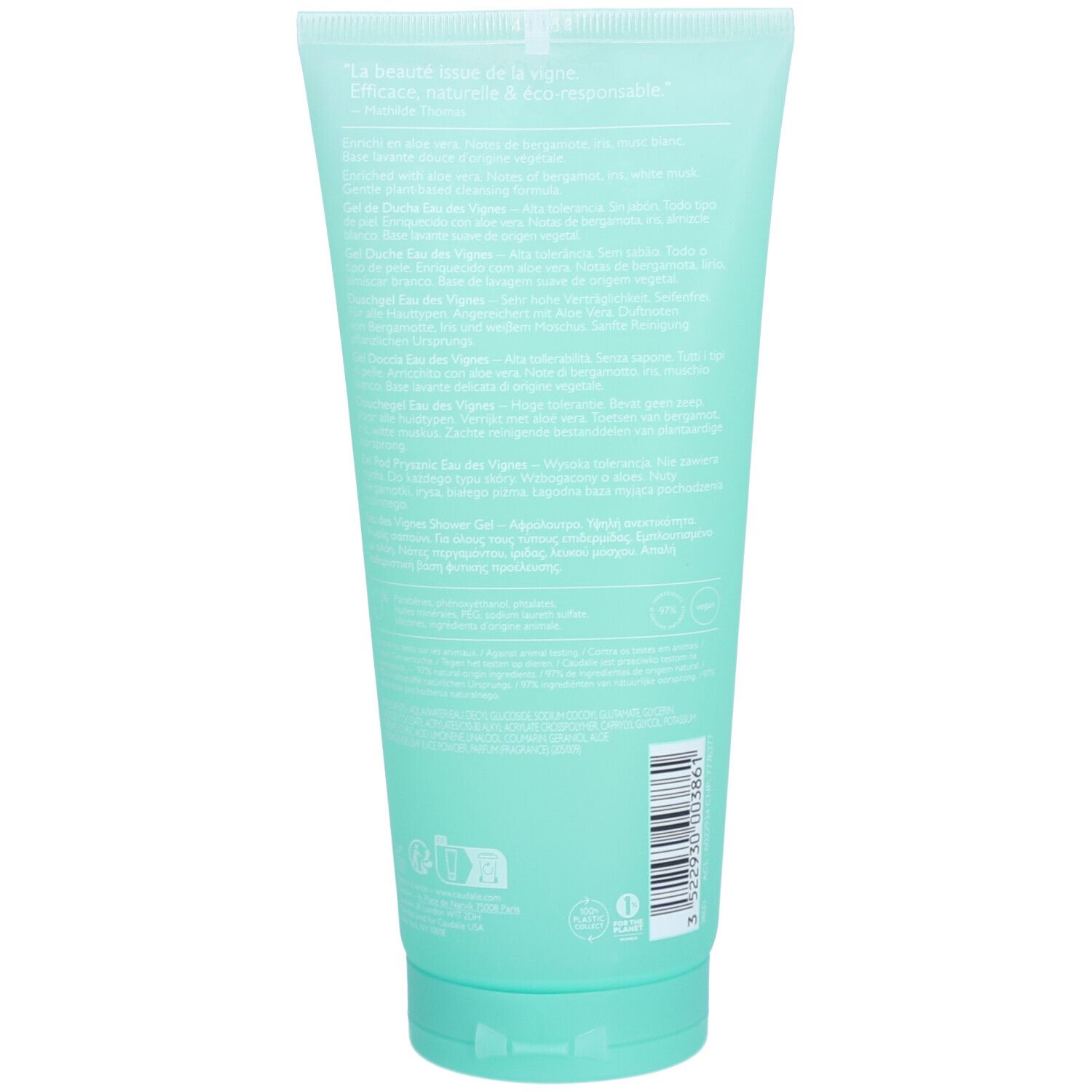 Rückseite der türkisfarbenen Tube Caudalie Gel Douche Eau des Vignes. Text in mehreren Sprachen. Barcode.