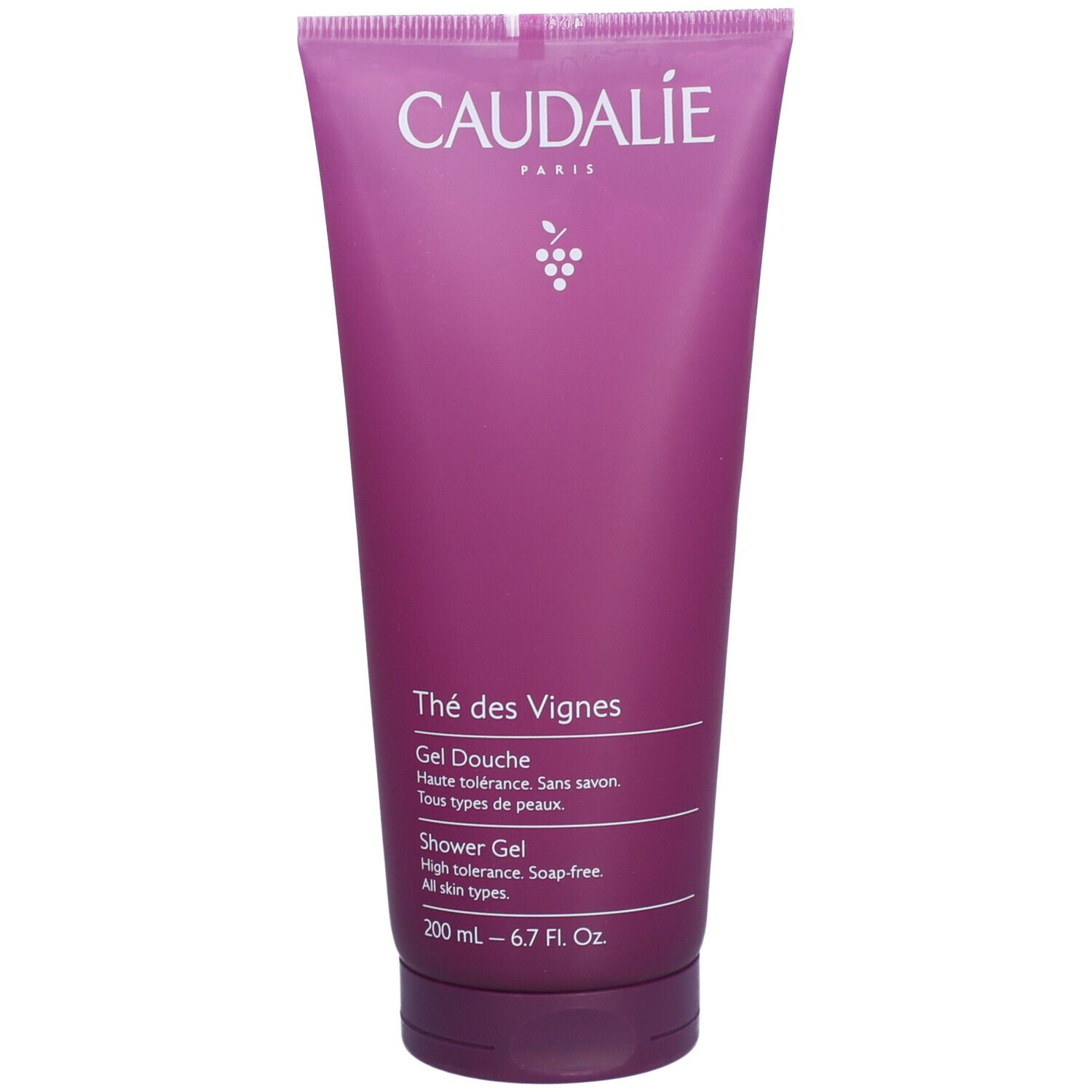 Caudalie Thé des Vignes Gel Douche. Violette Tube mit weißer Schrift. Oben: Marke und Logo. Unten: Produktname und Text.