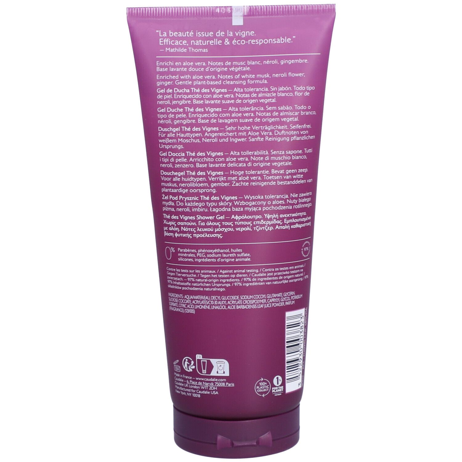 Rückseite der Caudalie Thé des Vignes Gel Douche Tube. Text in mehreren Sprachen. Inhaltsstoffe und Informationen.