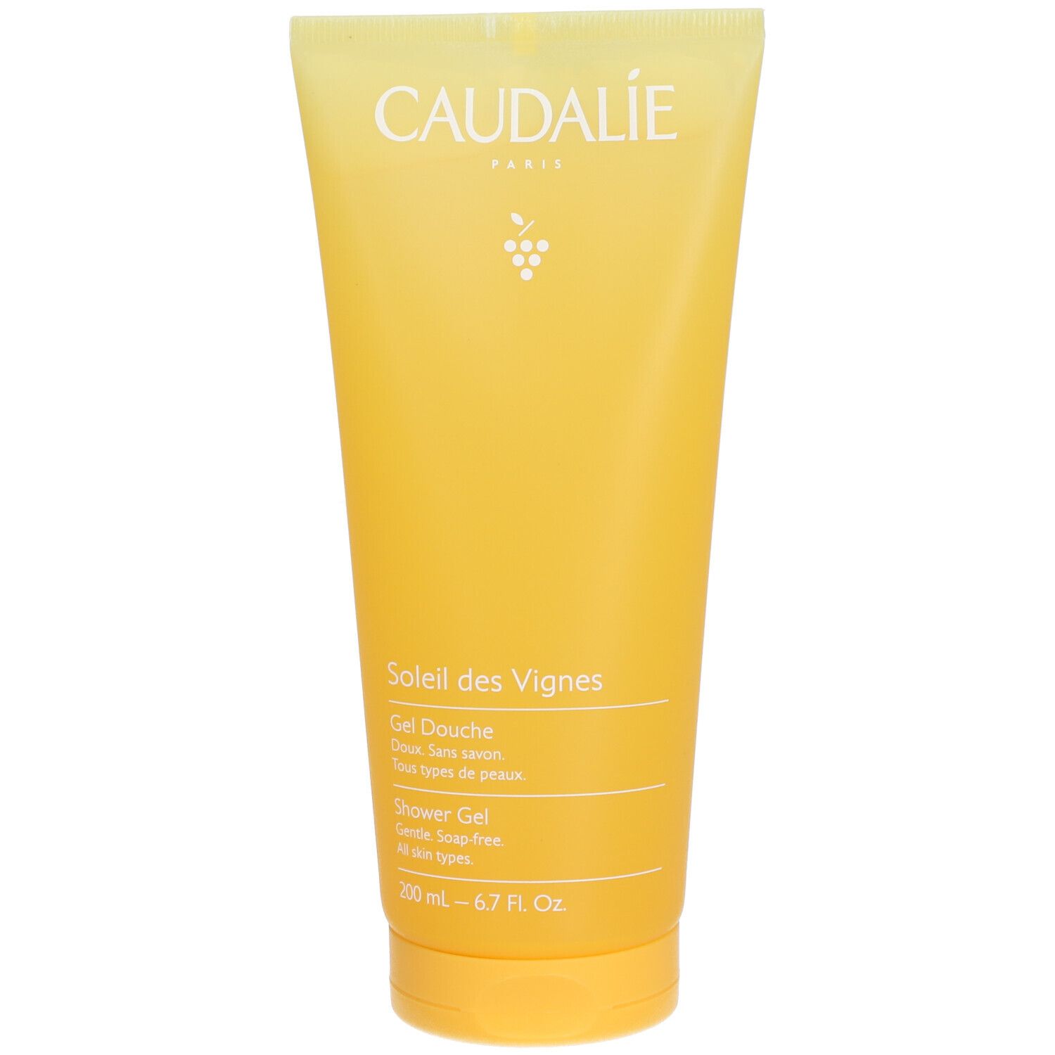 Caudalie Soleil des Vignes douchegel. Gele tube met witte tekst. Bevat informatie over merk en product.
