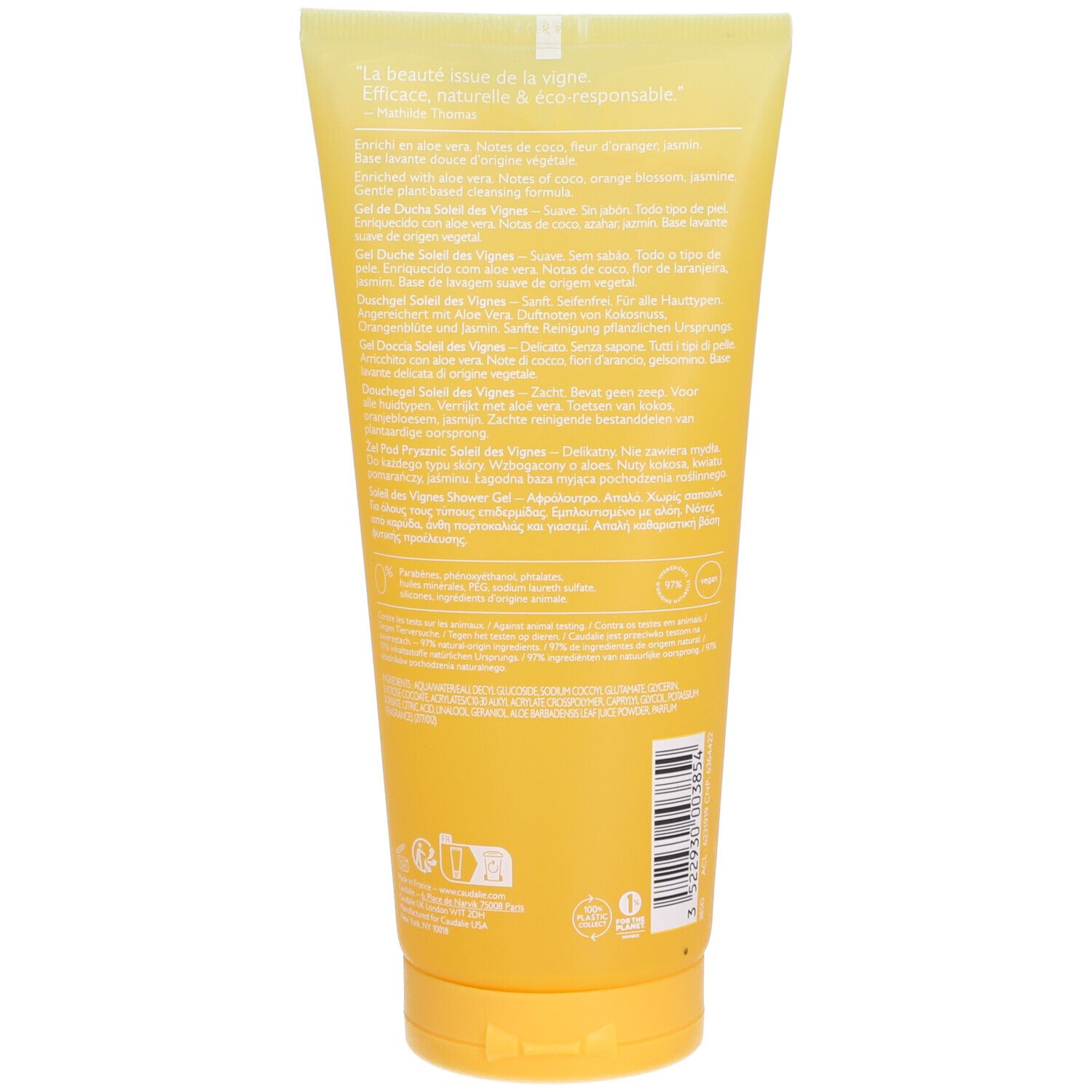 Achterkant van de Caudalie Soleil des Vignes douchegel tube. Gele achtergrond met meertalige tekst. Bevat informatie.