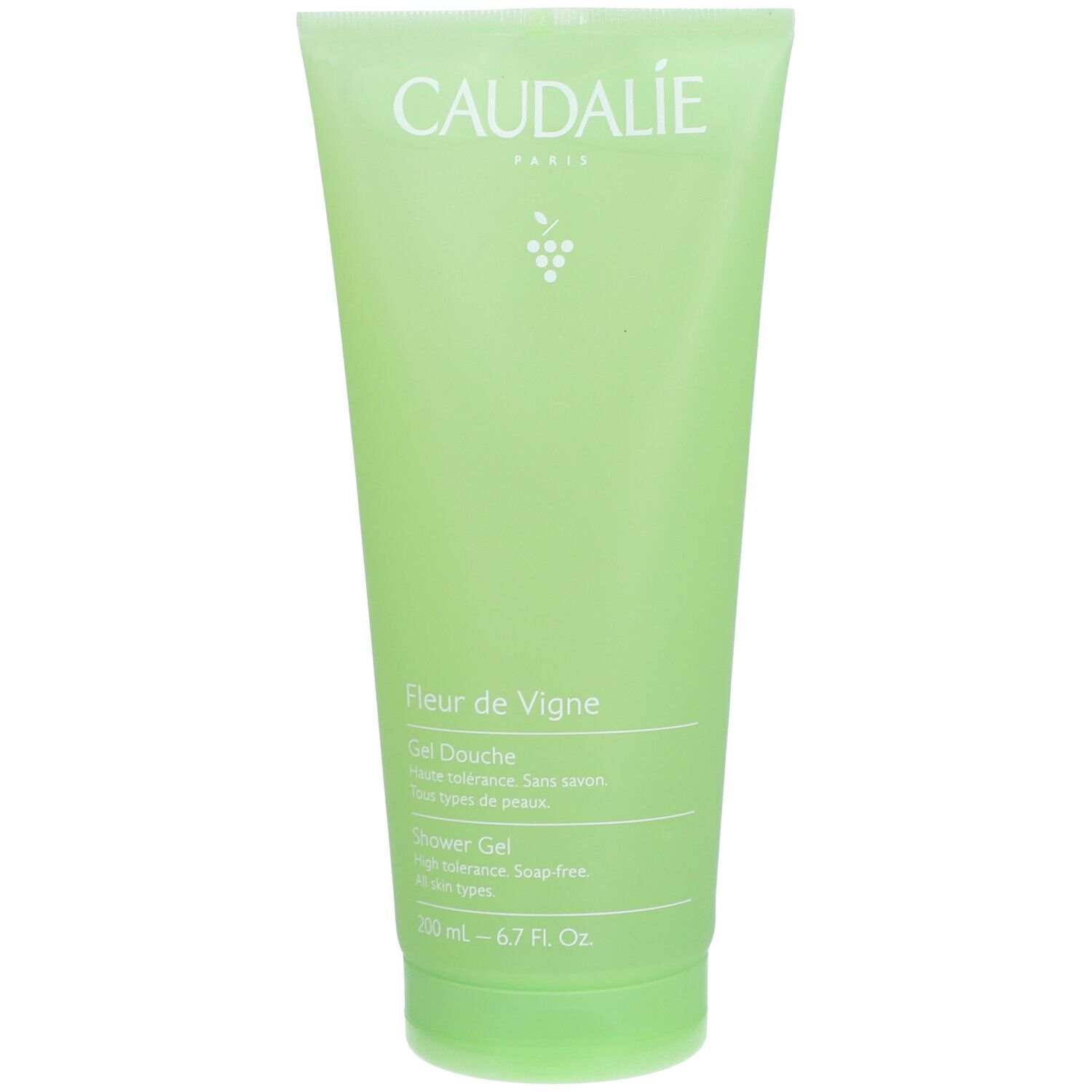 Grüne Tube Caudalie Fleur des Vigne Gel Douche. Oben Markenname, darunter Produktname und Text. Unten Volumenangabe.