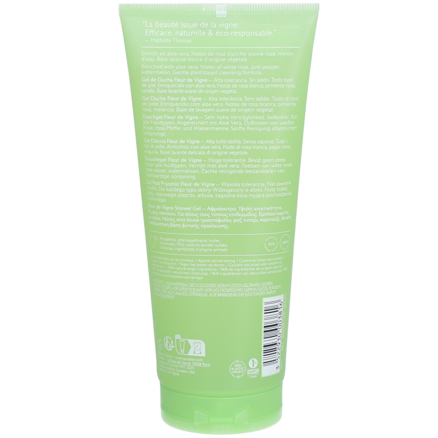 Rückseite der grünen Tube Caudalie Fleur des Vigne Gel Douche. Text in mehreren Sprachen. Unten Logos und Barcode.