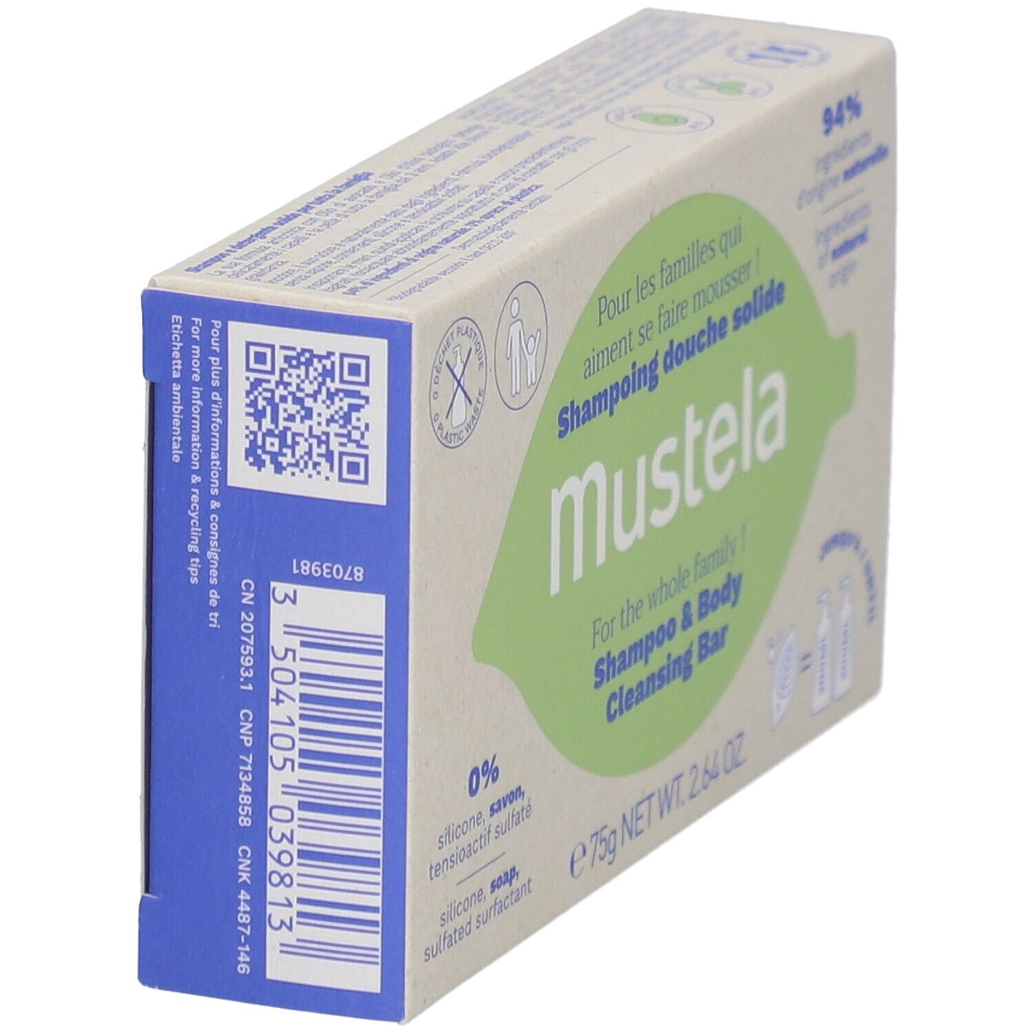 Boîte en carton, nom et logo du produit. Code-barres et QR code sur le côté. 94% ingrédients naturels.