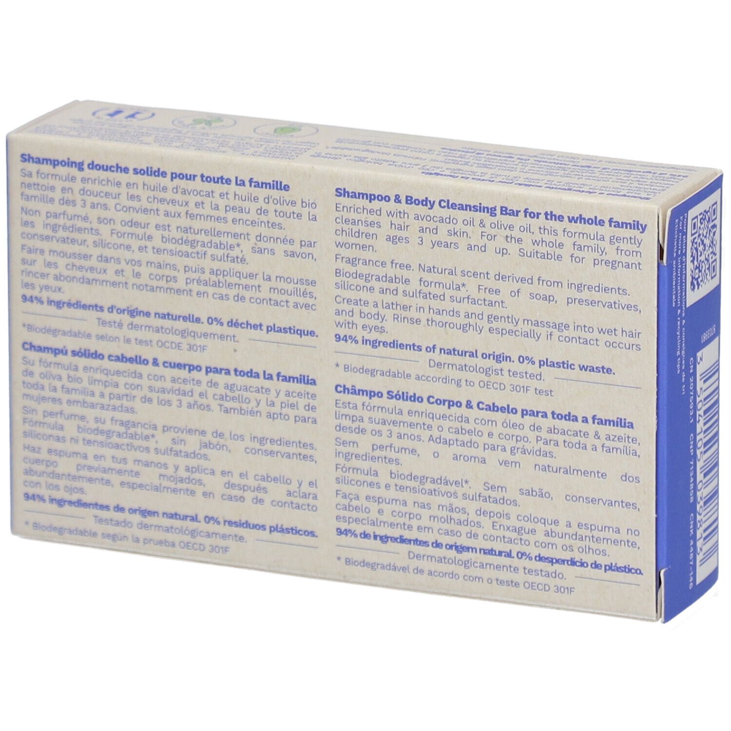 Dos de la boîte en carton. Texte en plusieurs langues. 94% ingrédients naturels. Testé dermatologiquement.
