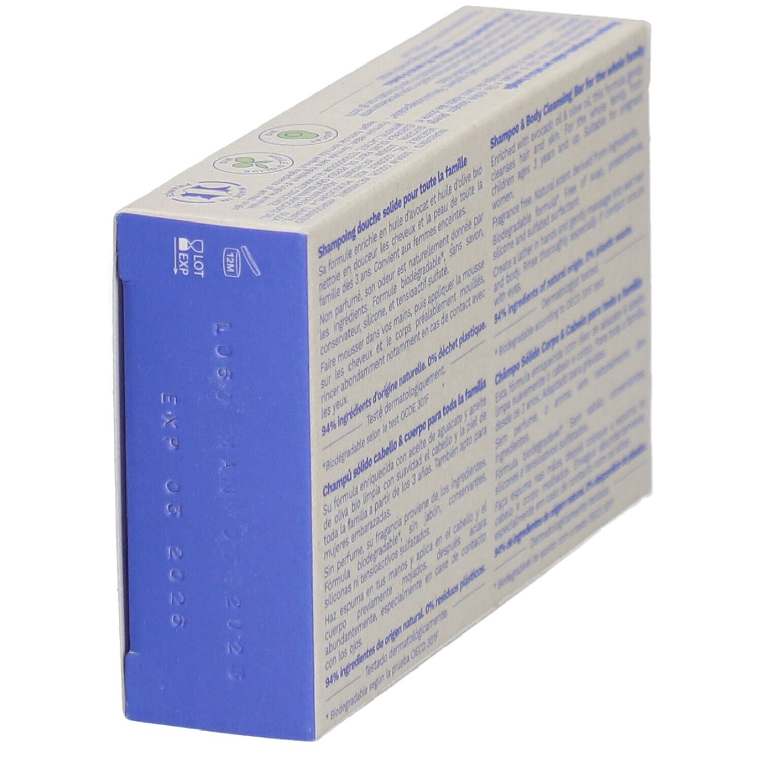 Côté de la boîte en carton. Texte multilingue. Date de péremption. 94% ingrédients naturels.