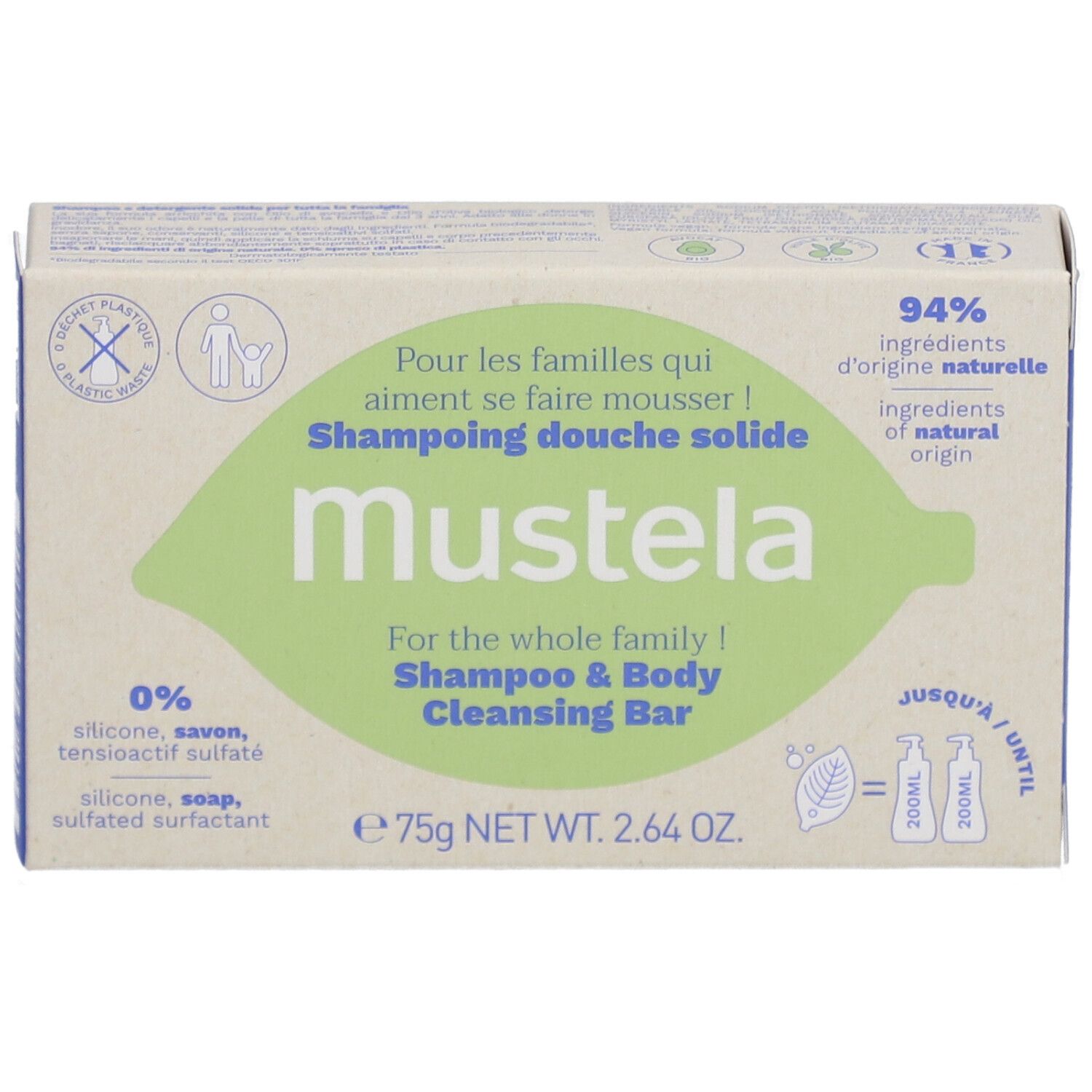Boîte en carton avec nom et logo du produit. Contient 75g. 94% d'ingrédients d'origine naturelle.