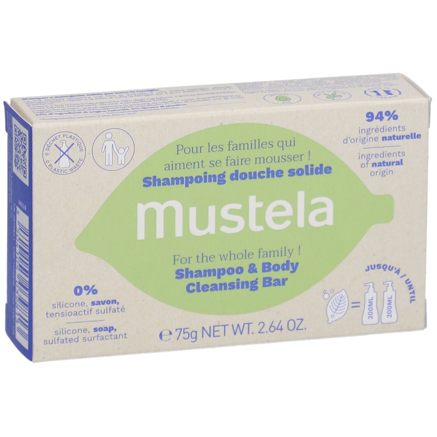 Boîte en carton avec nom et logo du produit. Contient 75g. 94% d'ingrédients d'origine naturelle.