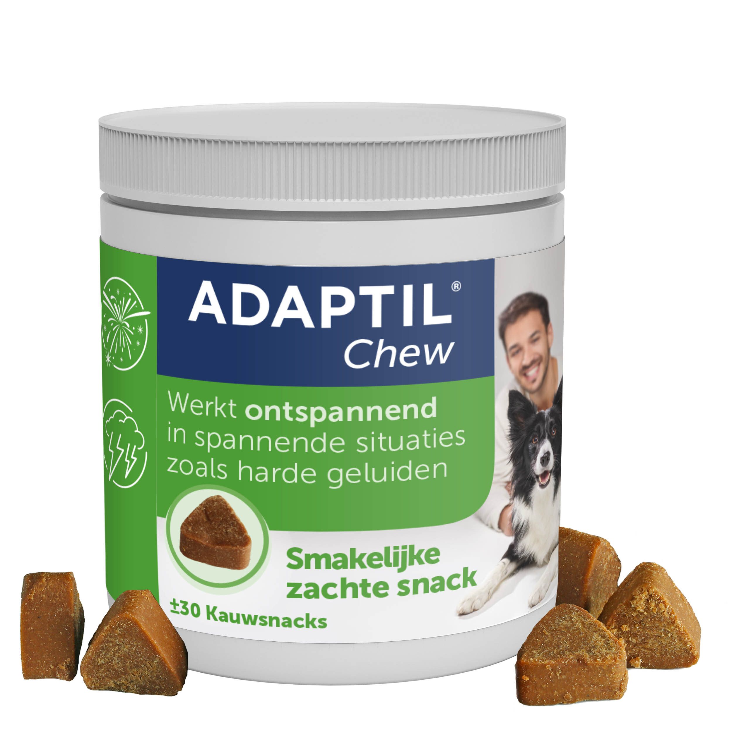 Pot Adaptil Chew. Tekst: Adaptil Chew. Man en hond. Bruine kauwsnacks.