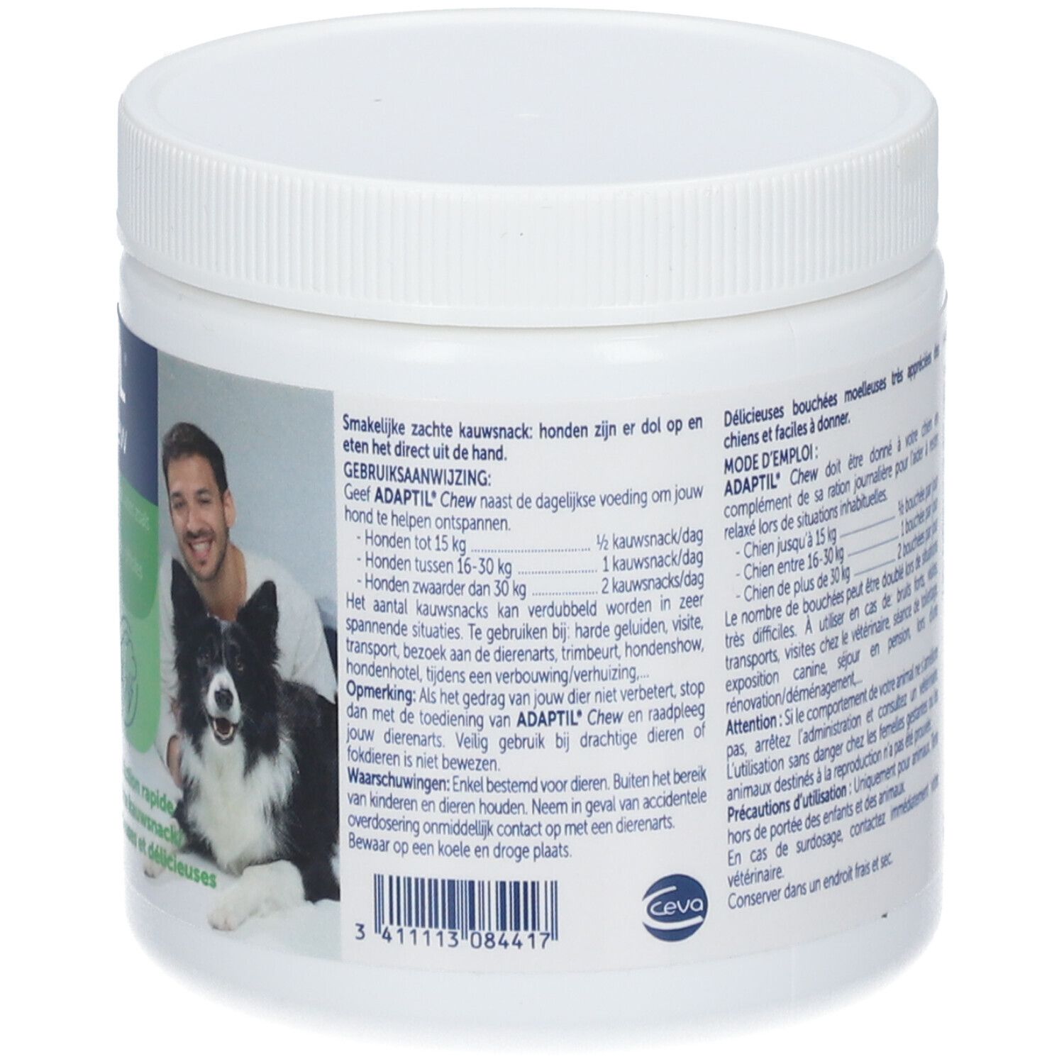 Achterkant van de pot. Tekst en gebruik. Man en hond. Witte pot.