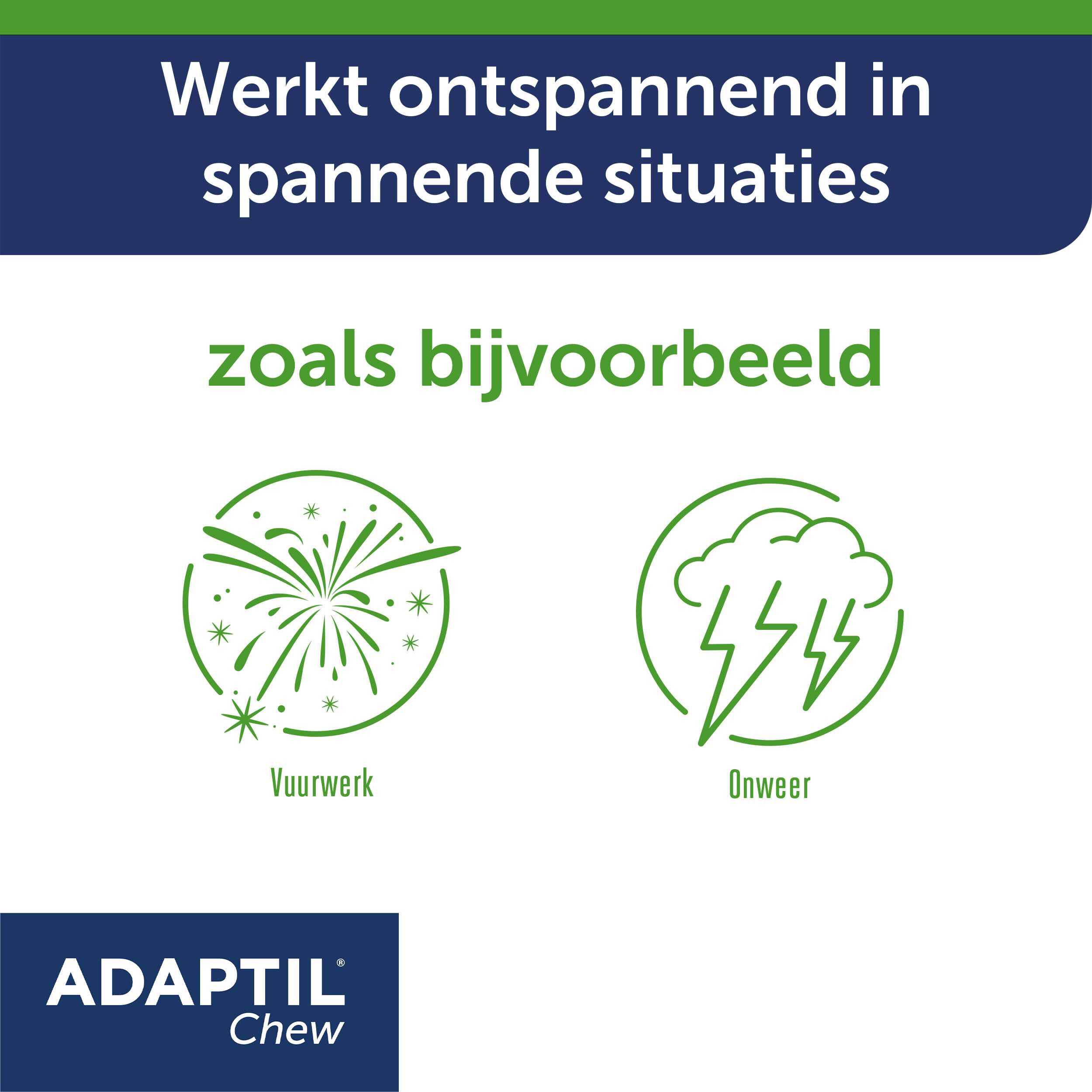 Adaptil Chew. Vuurwerk en onweer. Tekst: Adaptil Chew. Ongewone situaties.