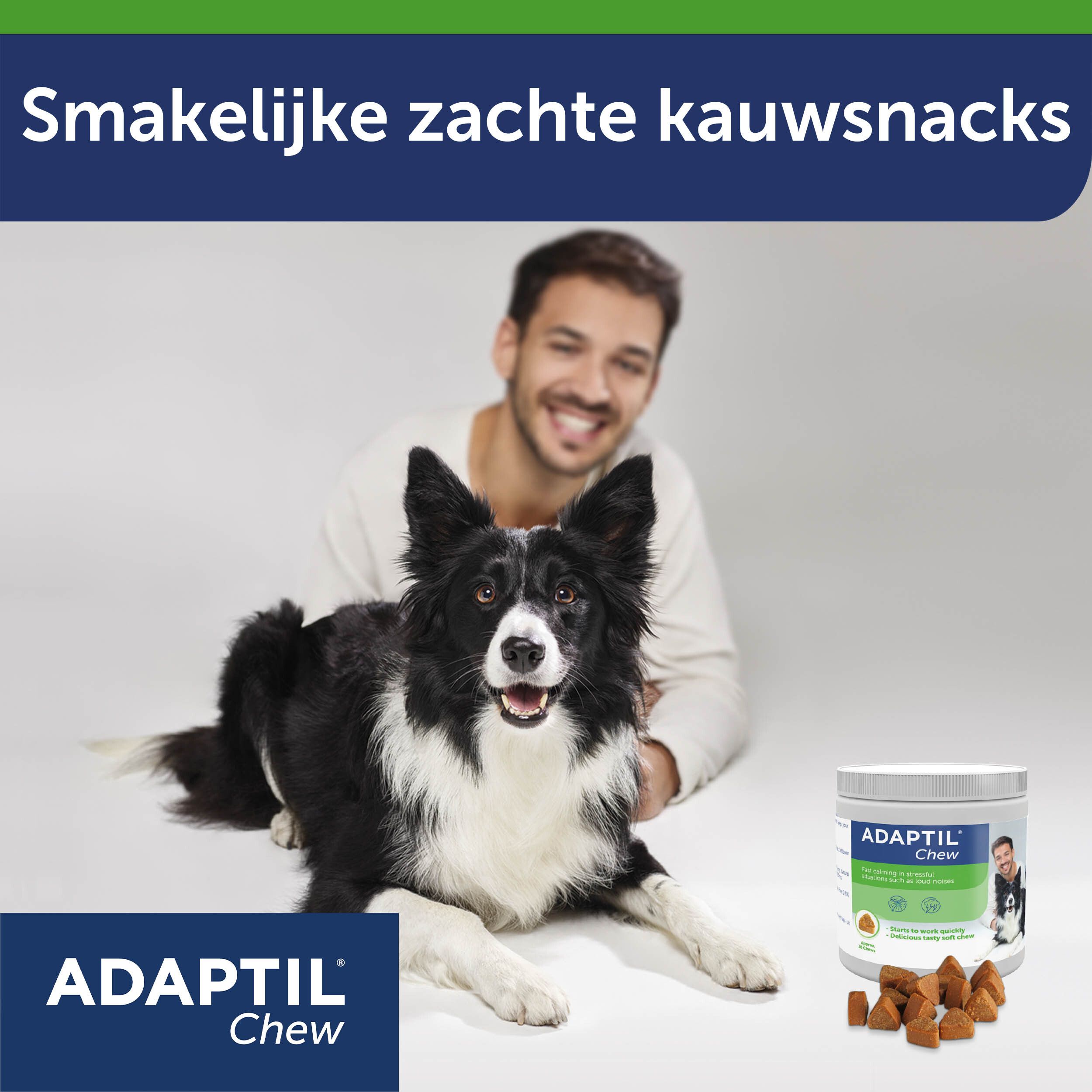 Adaptil Chew. Natuurlijke ingrediënten. Man en hond. Bruine kauwsnacks.
