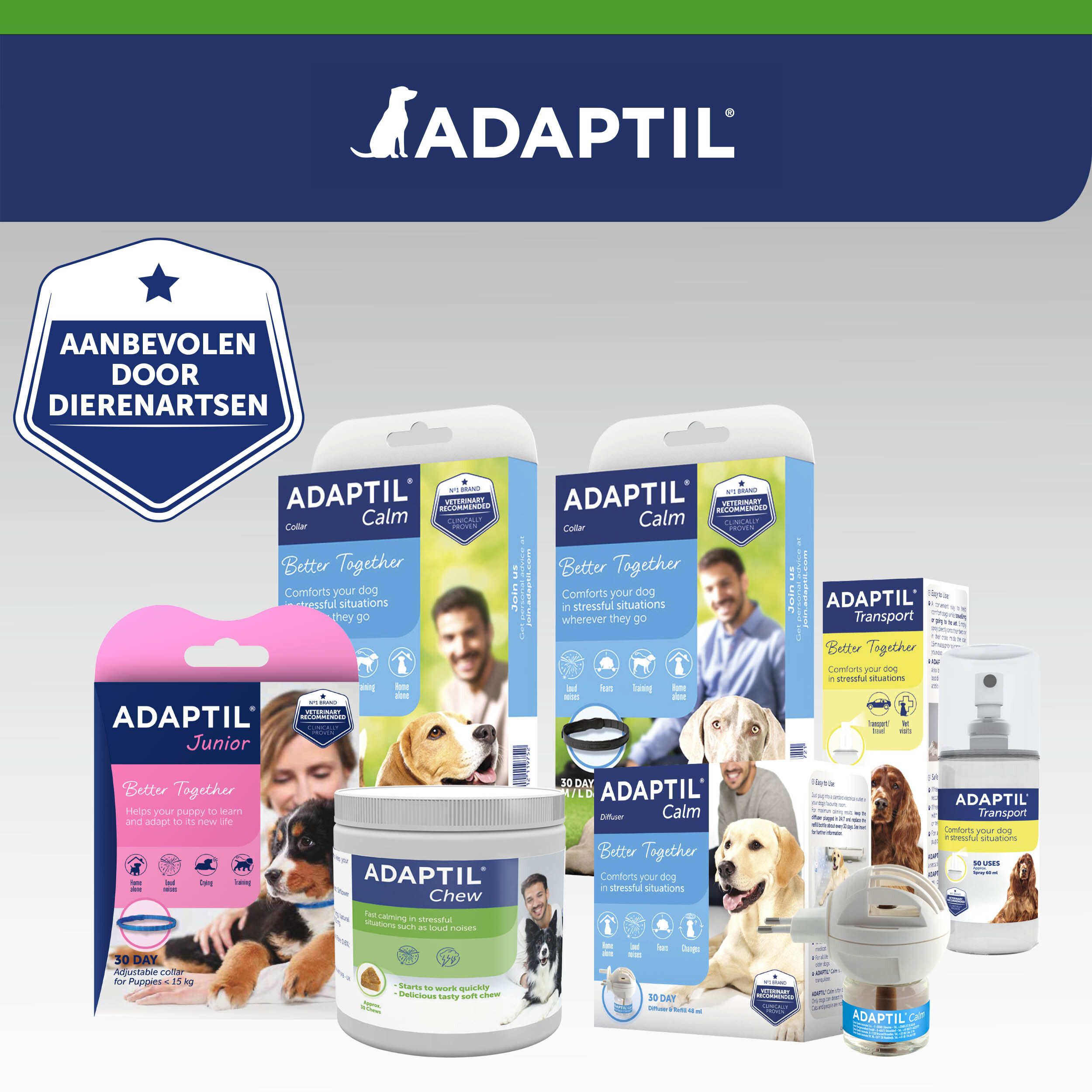 Adaptil productassortiment. Tekst: Adaptil. Verschillende producten.