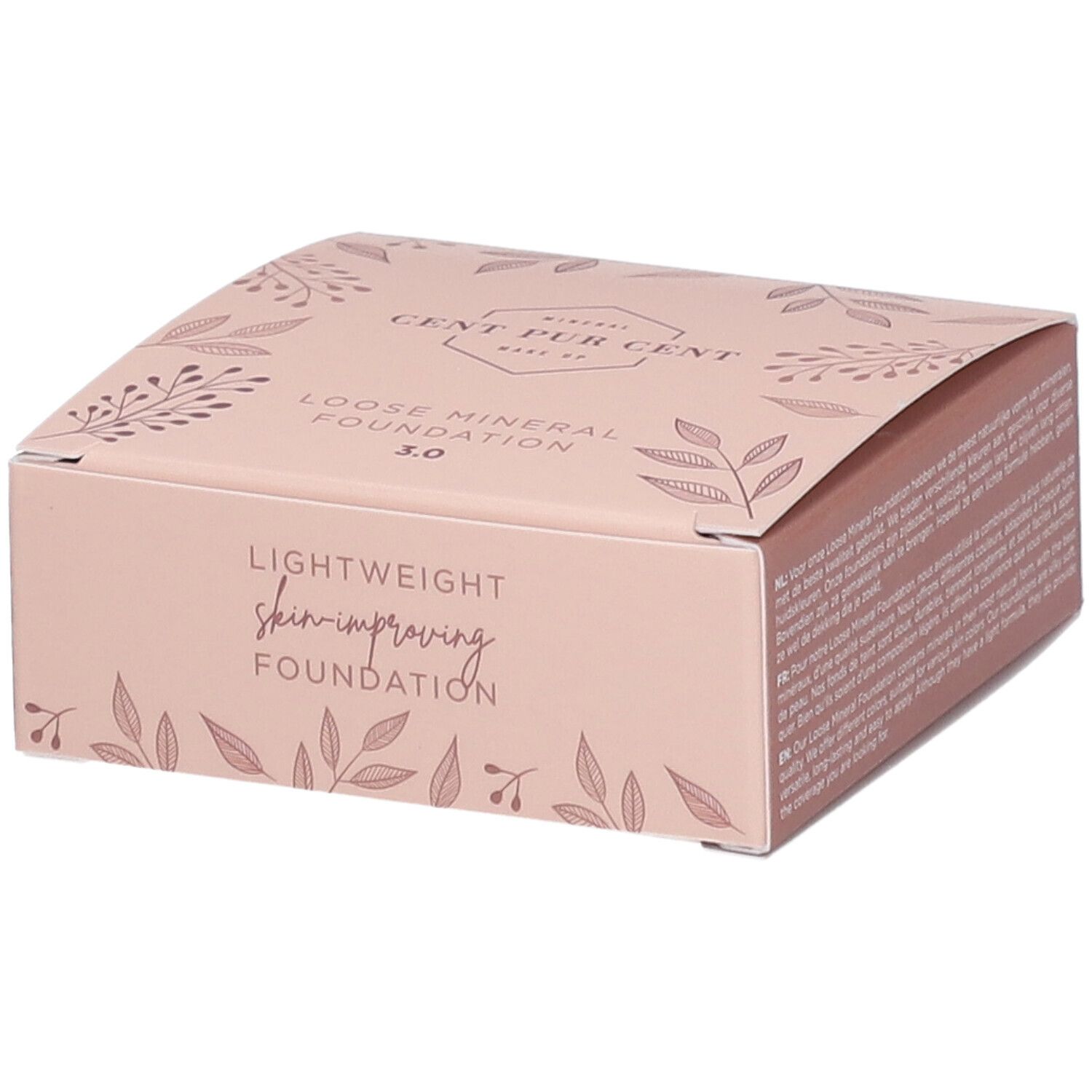 Boîte rose avec informations produit. Inscription: Cent Pur Cent, Loose Mineral Foundation, Lightweight skin-improving Foundation.