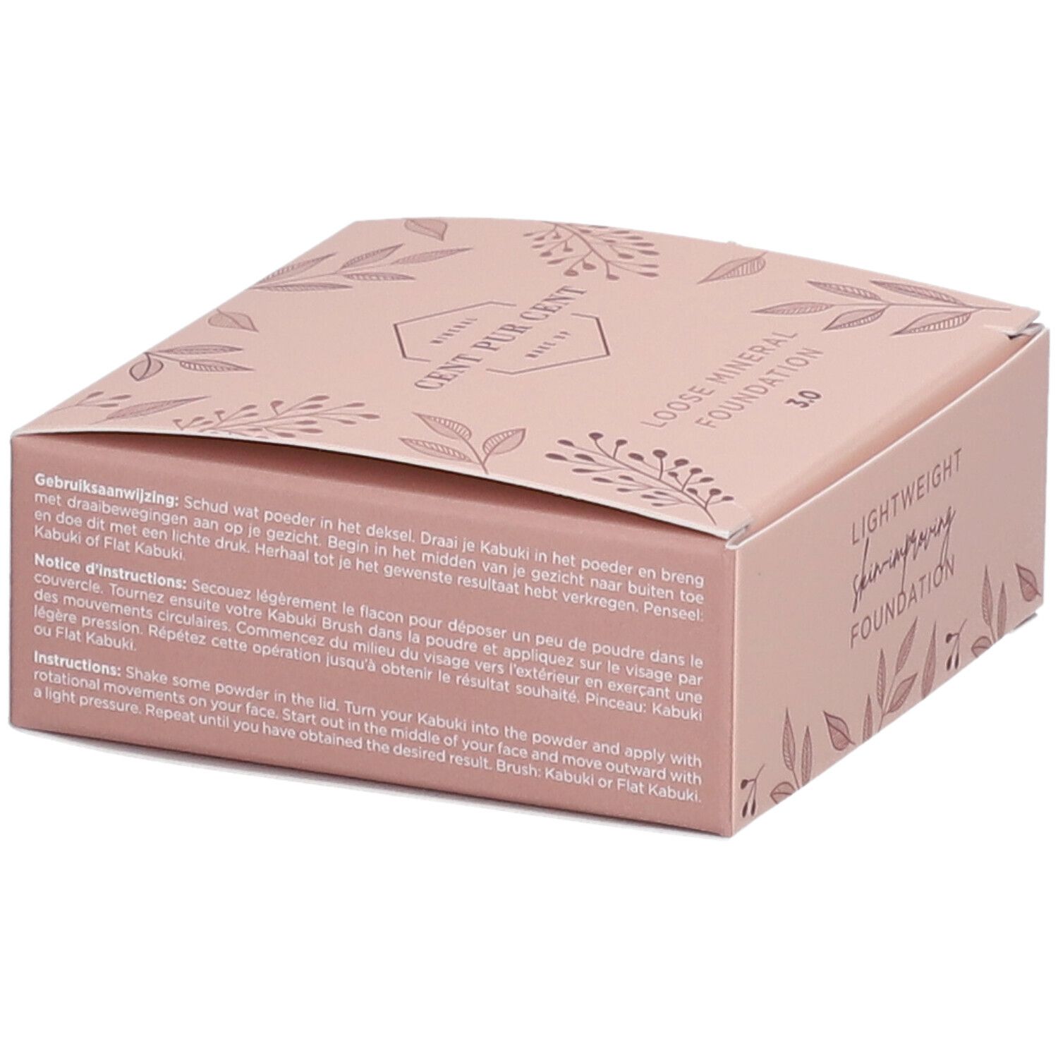 Boîte rose ouverte avec informations produit. Inscription: Cent Pur Cent, Loose Mineral Foundation, Lightweight skin-improving Foundation.