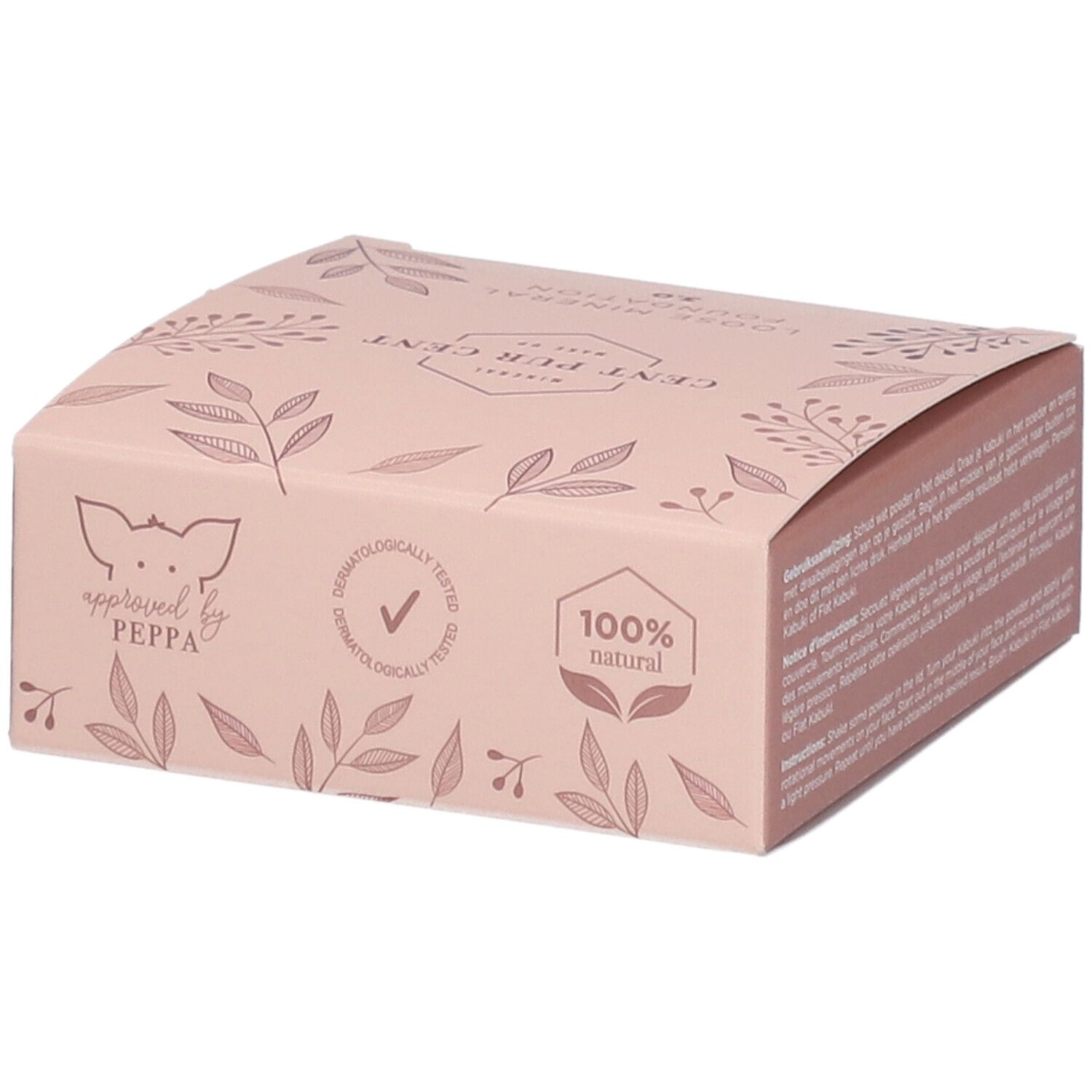 Boîte rose avec informations produit et logo. Inscription: Cent Pur Cent, Loose Mineral Foundation, 100% natural, testé dermatologiquement.