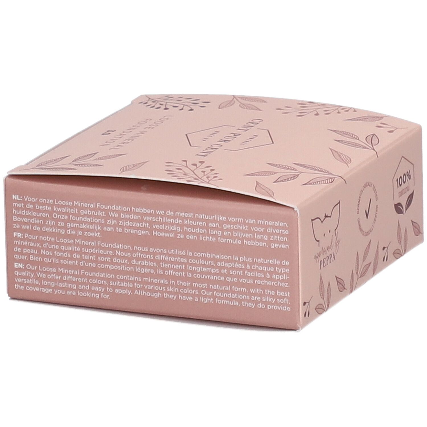 Boîte rose ouverte avec informations produit et logo. Inscription: Cent Pur Cent, Loose Mineral Foundation, 100% natural, testé dermatologiquement.
