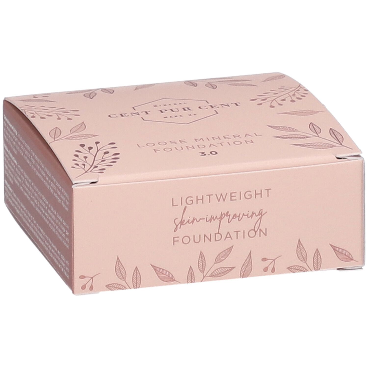 Boîte rose avec informations produit. Inscription: Cent Pur Cent, Loose Mineral Foundation, Lightweight skin-improving Foundation.