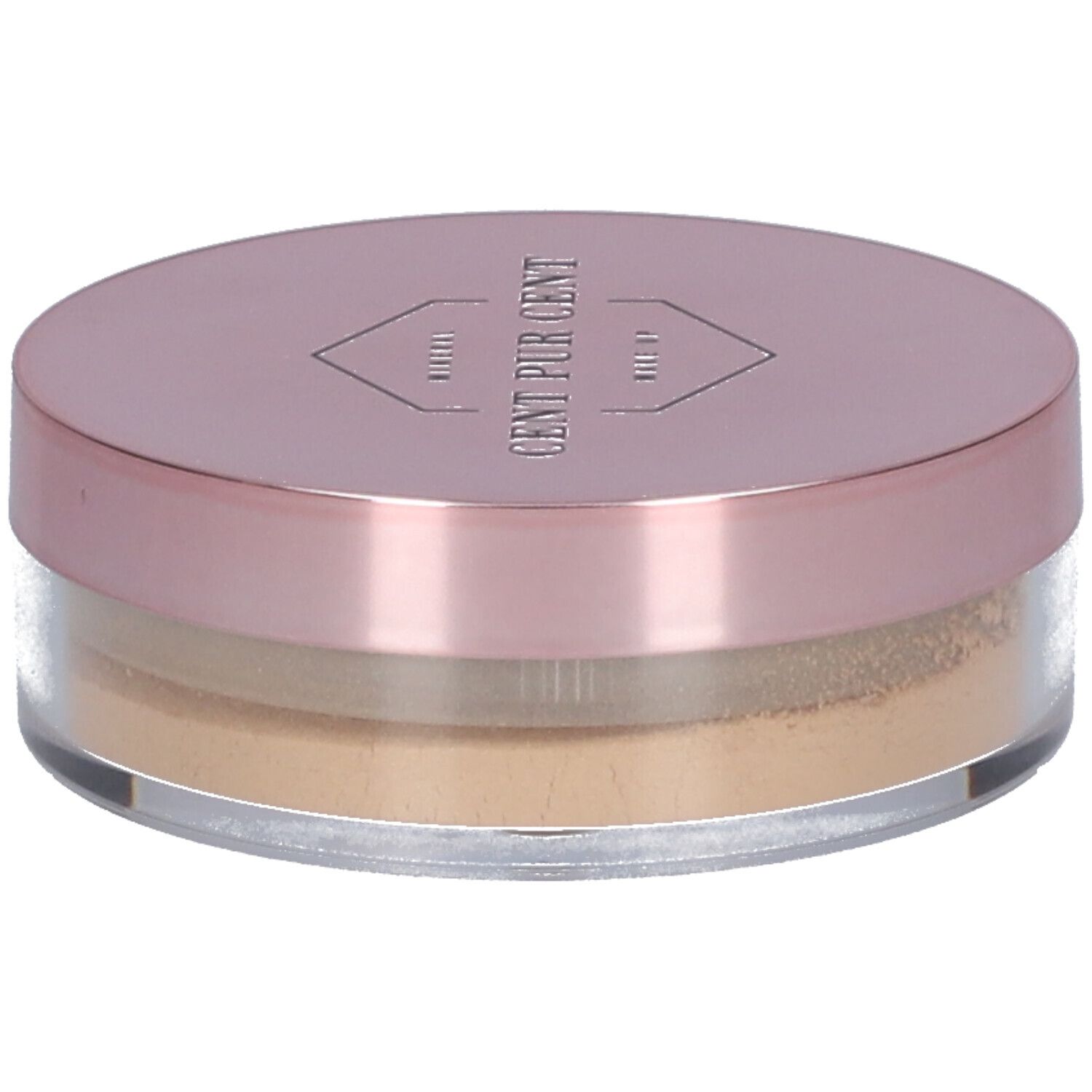 Produktverpackung mit losem Mineralpuder. Rosa Karton mit Produktinformationen und Deckel.