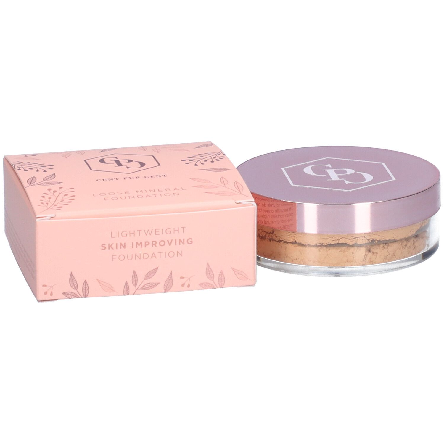 Produktverpackung mit losem Mineralpuder und Dose. Rosa Karton mit Produktinformationen und Dose.