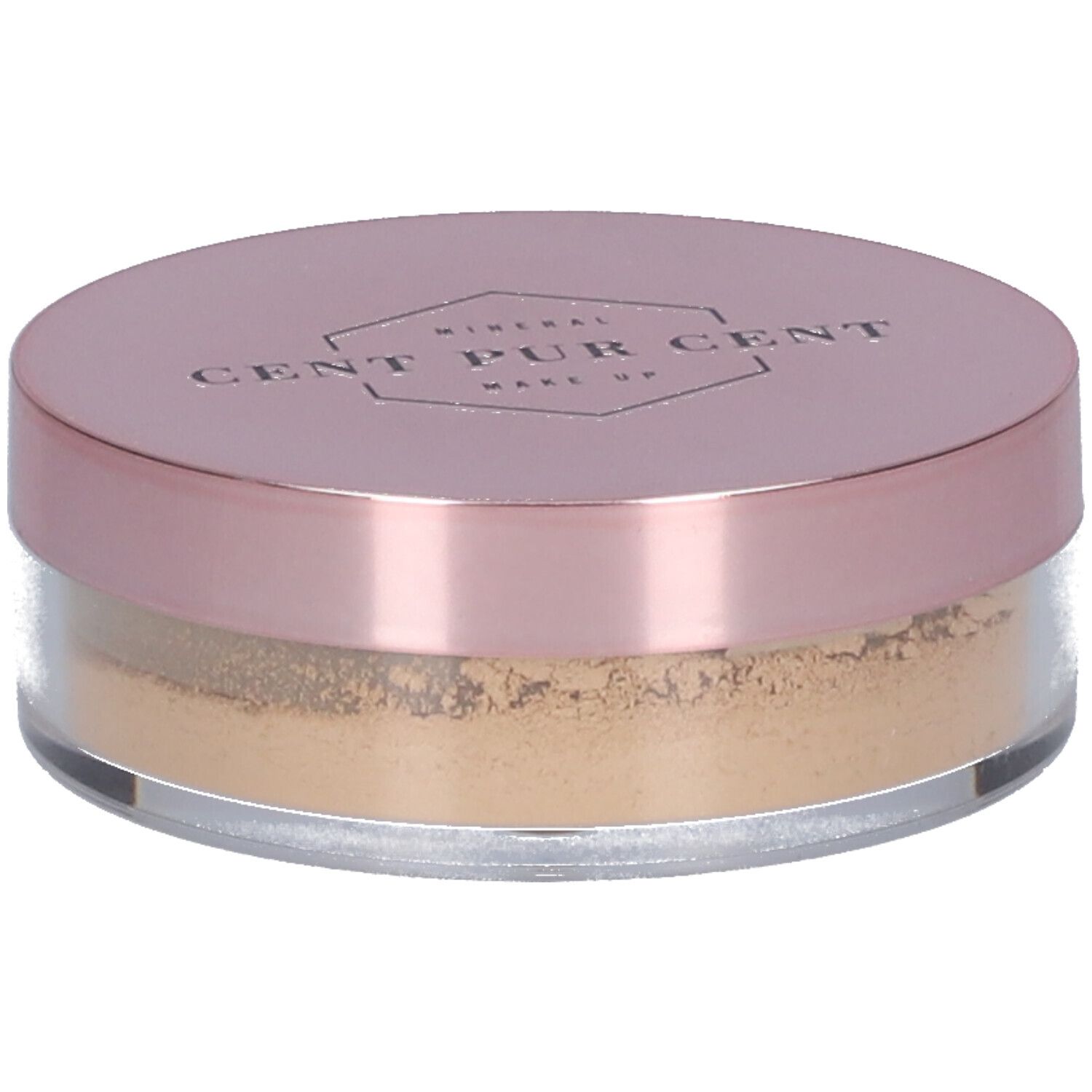 Produktverpackung mit losem Mineralpuder und Dose. Rosa Karton mit Produktinformationen und Dose.